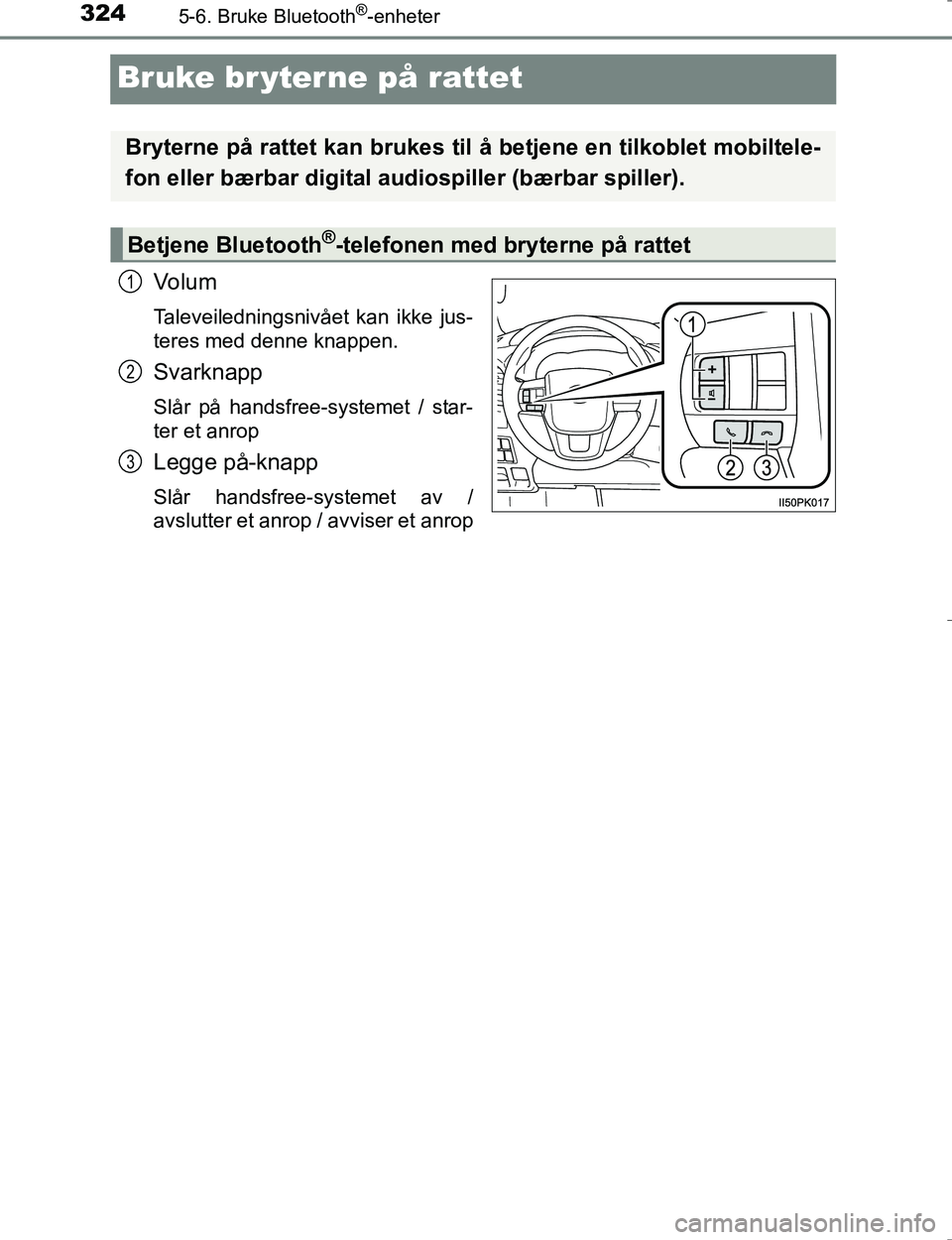 TOYOTA HILUX 2016 Instruksjoner for bruk (in Norwegian) 3245-6. Bruke Bluetooth®-enheter
OM0K196E
Bruke br yterne på rattet
Vo l u m
Taleveiledningsnivået kan ikke jus-
teres med denne knappen.
Svarknapp
Slår på handsfree-systemet / star-
ter et anrop TOYOTA HILUX 2016 Instruksjoner for bruk (in Norwegian) 3245-6. Bruke Bluetooth®-enheter
OM0K196E
Bruke br yterne på rattet
Vo l u m
Taleveiledningsnivået kan ikke jus-
teres med denne knappen.
Svarknapp
Slår på handsfree-systemet / star-
ter et anrop