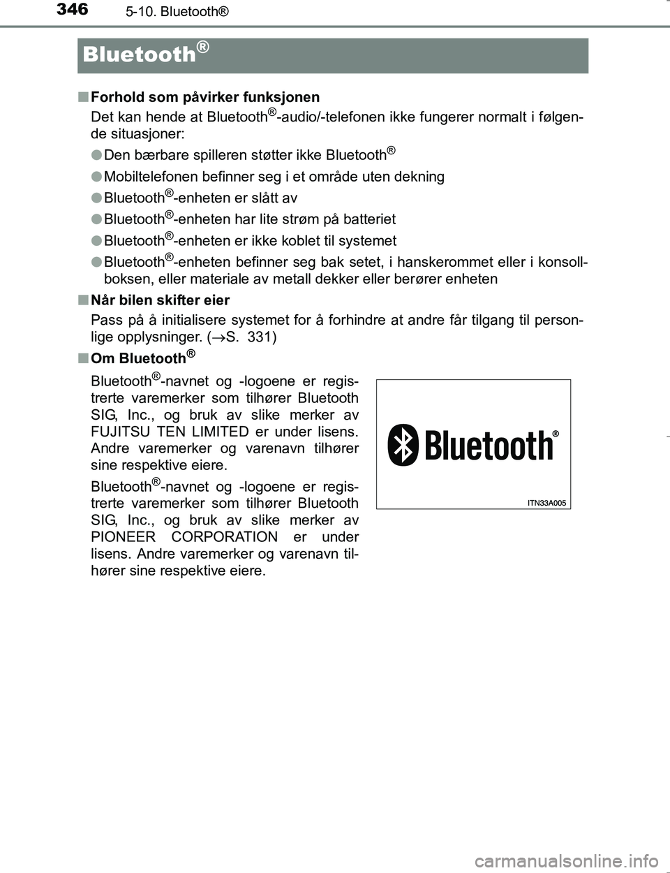 TOYOTA HILUX 2016  Instruksjoner for bruk (in Norwegian) 3465-10. Bluetooth®
OM0K196E
Bluetooth®
nForhold som påvirker funksjonen
Det kan hende at Bluetooth®-audio/-telefonen ikke fungerer normalt i følgen-
de situasjoner:
l Den bærbare spilleren stø