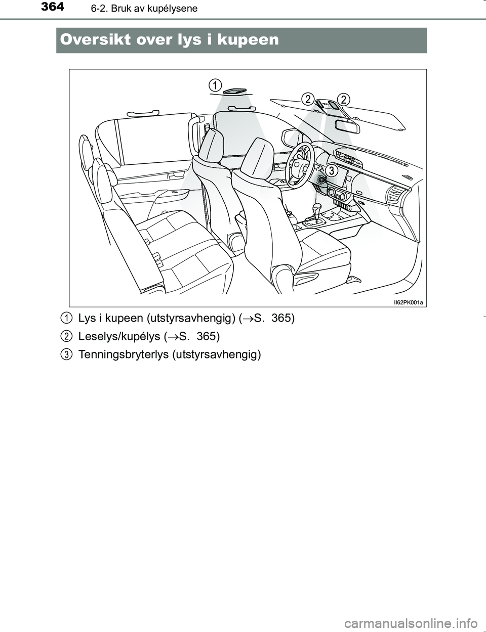 TOYOTA HILUX 2016  Instruksjoner for bruk (in Norwegian) 3646-2. Bruk av kupélysene
OM0K196E
Oversikt over lys i kupeen
Lys i kupeen (utstyrsavhengig) (S. 365)
Leselys/kupélys ( S. 365)
Tenningsbryterlys (utstyrsavhengig)1
2
3
OM0K196NO_Hilux.book  