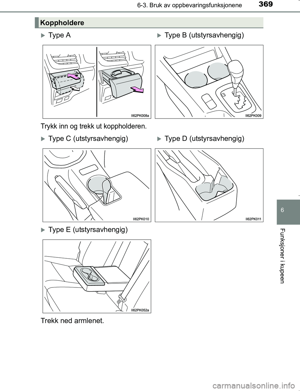 TOYOTA HILUX 2016  Instruksjoner for bruk (in Norwegian) 3696-3. Bruk av oppbevaringsfunksjonene
OM0K196E
6
Funksjoner i kupeen
Koppholdere
Ty p e  AType B (utstyrsavhengig)
Trykk inn og trekk ut koppholderen.
Type C (utstyrsavhengig)Type D (uts