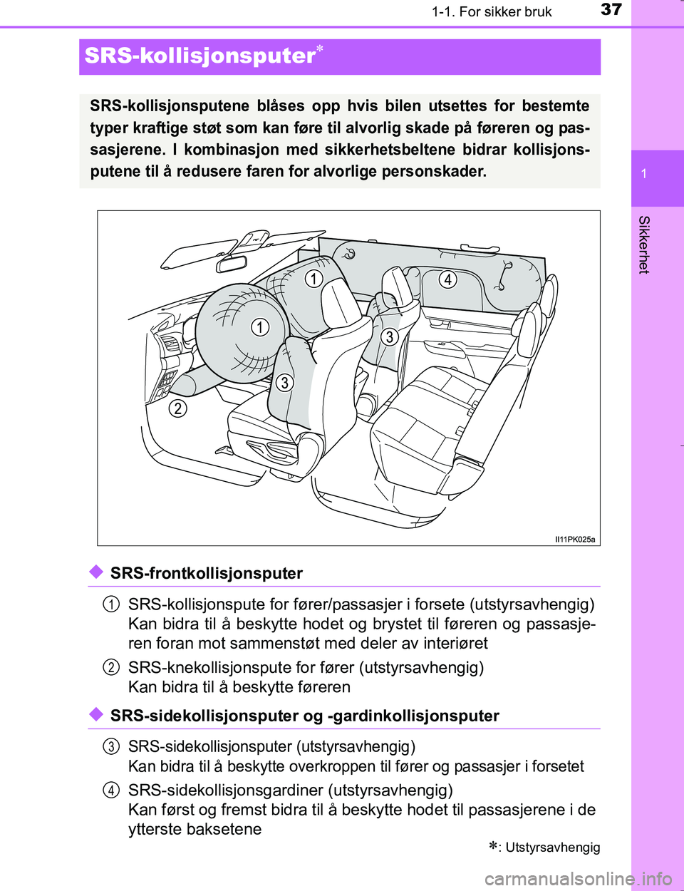 TOYOTA HILUX 2016  Instruksjoner for bruk (in Norwegian) 371-1. For sikker bruk
1
Sikkerhet
OM0K196E
SRS-kollisjonsputer
uSRS-frontkollisjonsputerSRS-kollisjonspute for fører/passas jer i forsete (utstyrsavhengig)
Kan bidra til å beskytte hodet og brys