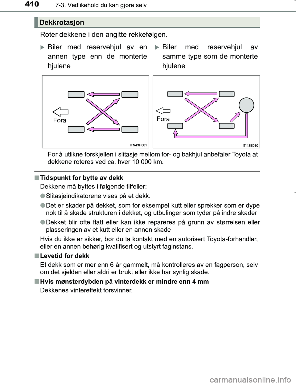 TOYOTA HILUX 2016 Instruksjoner for bruk (in Norwegian) 4107-3. Vedlikehold du kan gjøre selv
OM0K196E
Roter dekkene i den angitte rekkefølgen.
For å utlikne forskjellen i slitasje mellom for- og bakhjul anbefaler Toyota at
dekkene roteres ved ca. hver TOYOTA HILUX 2016 Instruksjoner for bruk (in Norwegian) 4107-3. Vedlikehold du kan gjøre selv
OM0K196E
Roter dekkene i den angitte rekkefølgen.
For å utlikne forskjellen i slitasje mellom for- og bakhjul anbefaler Toyota at
dekkene roteres ved ca. hver