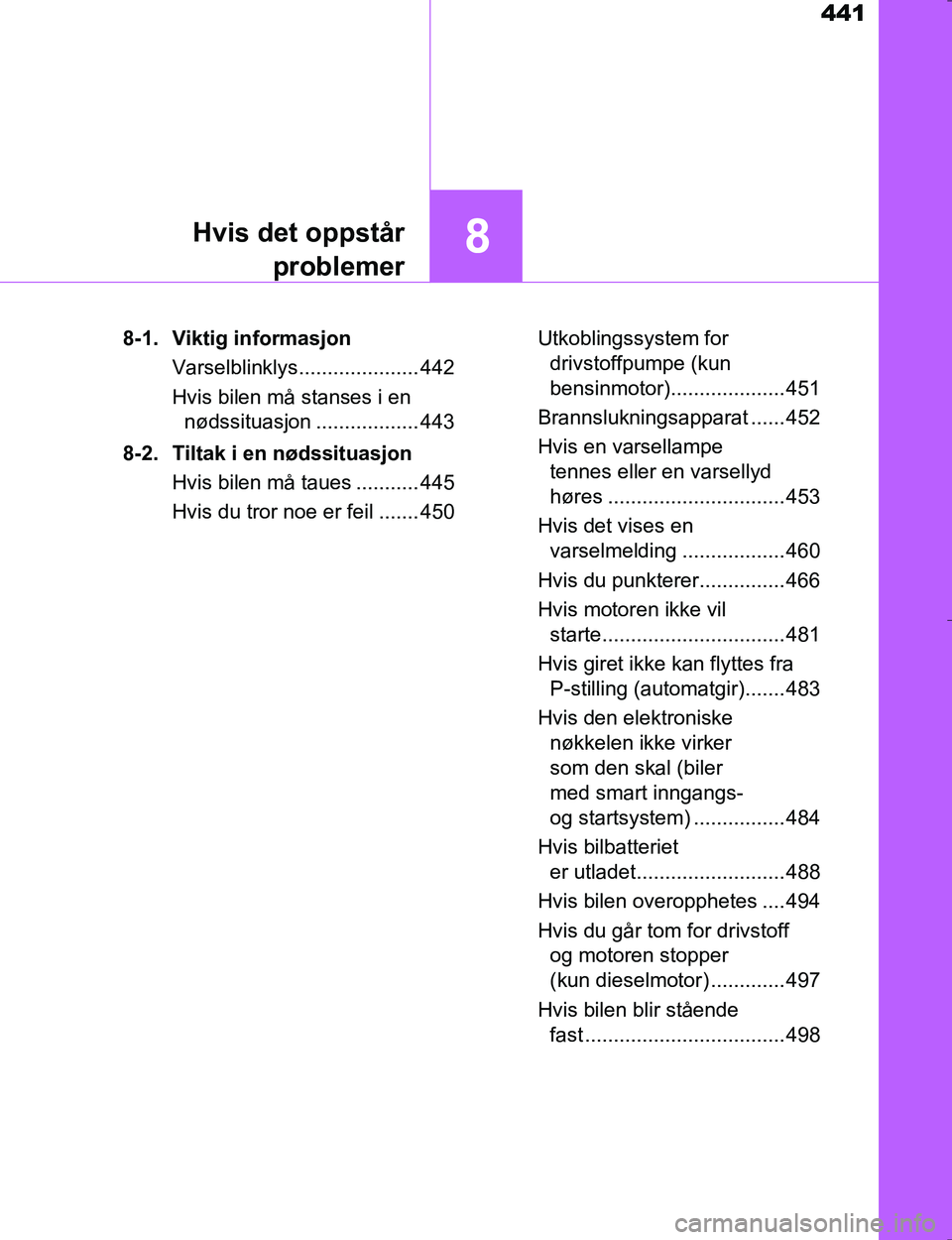TOYOTA HILUX 2016 Instruksjoner for bruk (in Norwegian) 441
8Hvis det oppstårproblemer
OM0K196E 8-1. Viktig informasjon
Varselblinklys..................... 442
Hvis bilen må stanses i en nødssituasjon .................. 443
8-2. Tiltak i en nødssituasj TOYOTA HILUX 2016 Instruksjoner for bruk (in Norwegian) 441
8Hvis det oppstårproblemer
OM0K196E 8-1. Viktig informasjon
Varselblinklys..................... 442
Hvis bilen må stanses i en nødssituasjon .................. 443
8-2. Tiltak i en nødssituasj
