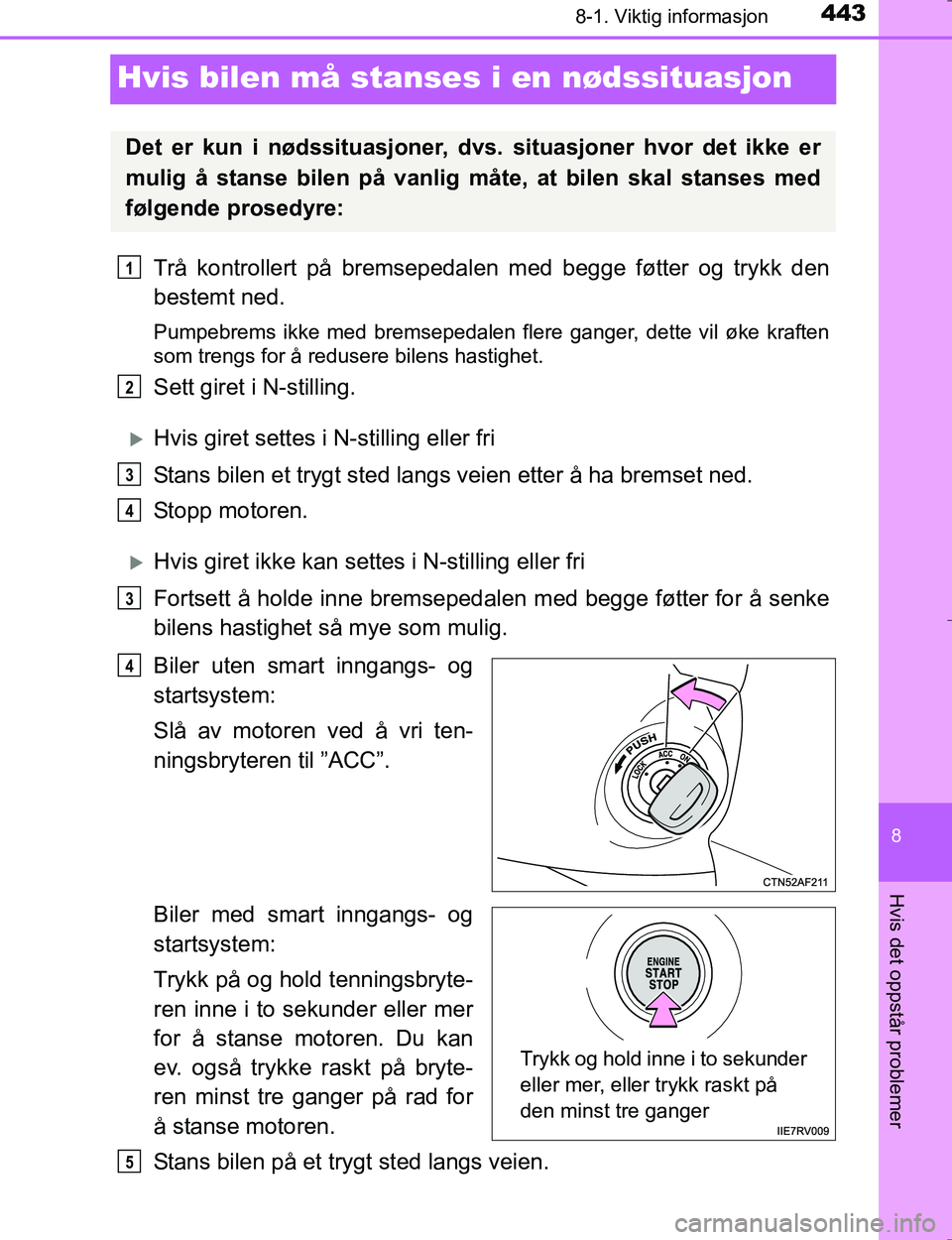 TOYOTA HILUX 2016 Instruksjoner for bruk (in Norwegian) 4438-1. Viktig informasjon
OM0K196E
8
Hvis det oppstår problemer
Hvis bilen må stanses i en nødssituasjon
Trå kontrollert på bremsepedalen med begge føtter og trykk den
bestemt ned.
Pumpebrems i TOYOTA HILUX 2016 Instruksjoner for bruk (in Norwegian) 4438-1. Viktig informasjon
OM0K196E
8
Hvis det oppstår problemer
Hvis bilen må stanses i en nødssituasjon
Trå kontrollert på bremsepedalen med begge føtter og trykk den
bestemt ned.
Pumpebrems i
