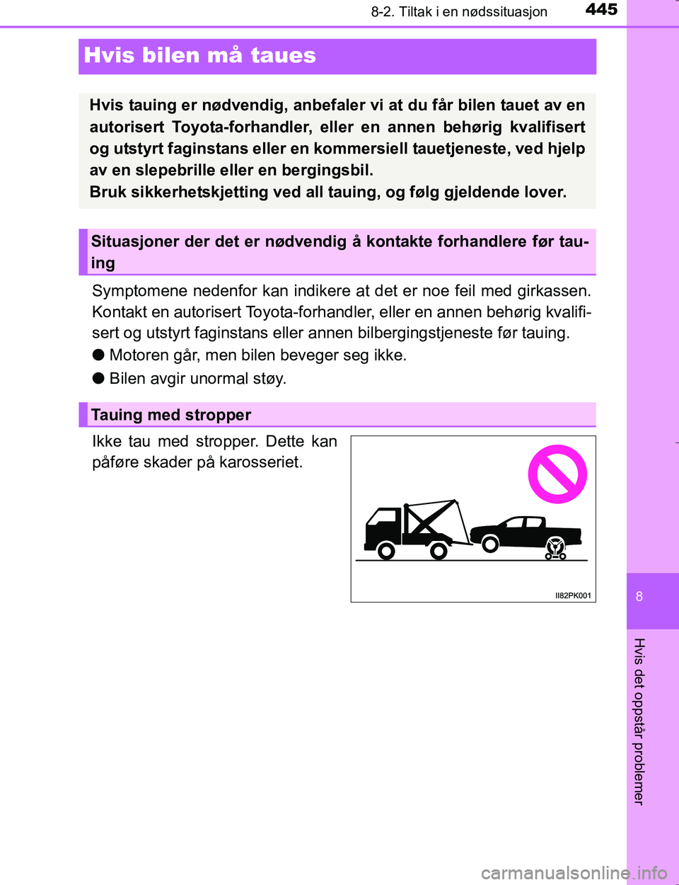 TOYOTA HILUX 2016 Instruksjoner for bruk (in Norwegian) 4458-2. Tiltak i en nødssituasjon
OM0K196E
8
Hvis det oppstår problemer
Hvis bilen må taues
Symptomene nedenfor kan indikere at det er noe feil med girkassen.
Kontakt en autorisert Toyota-forhandle TOYOTA HILUX 2016 Instruksjoner for bruk (in Norwegian) 4458-2. Tiltak i en nødssituasjon
OM0K196E
8
Hvis det oppstår problemer
Hvis bilen må taues
Symptomene nedenfor kan indikere at det er noe feil med girkassen.
Kontakt en autorisert Toyota-forhandle