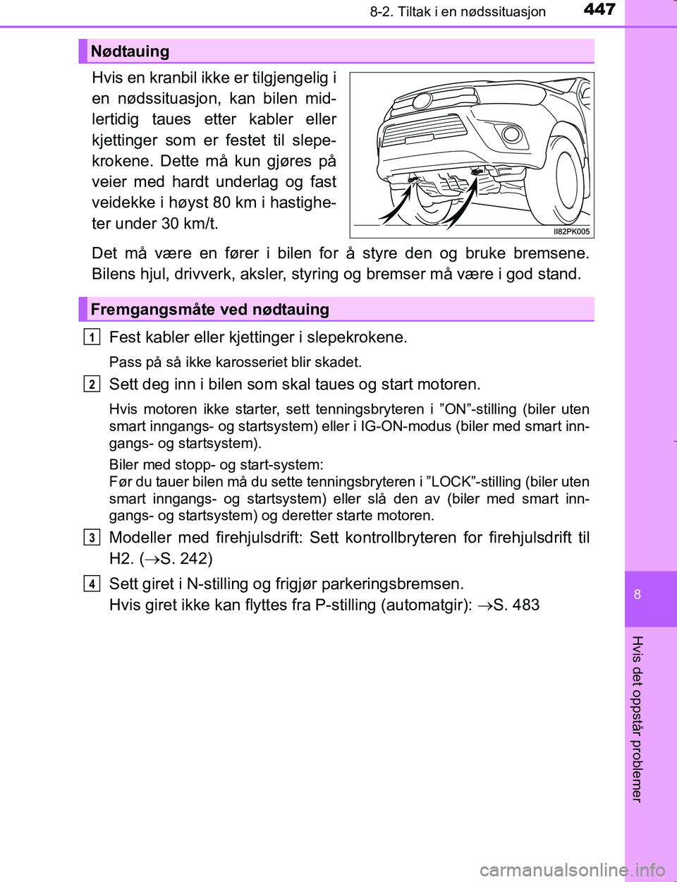 TOYOTA HILUX 2016 Instruksjoner for bruk (in Norwegian) 4478-2. Tiltak i en nødssituasjon
OM0K196E
8
Hvis det oppstår problemer
Hvis en kranbil ikke er tilgjengelig i
en nødssituasjon, kan bilen mid-
lertidig taues etter kabler eller
kjettinger som er TOYOTA HILUX 2016 Instruksjoner for bruk (in Norwegian) 4478-2. Tiltak i en nødssituasjon
OM0K196E
8
Hvis det oppstår problemer
Hvis en kranbil ikke er tilgjengelig i
en nødssituasjon, kan bilen mid-
lertidig taues etter kabler eller
kjettinger som er