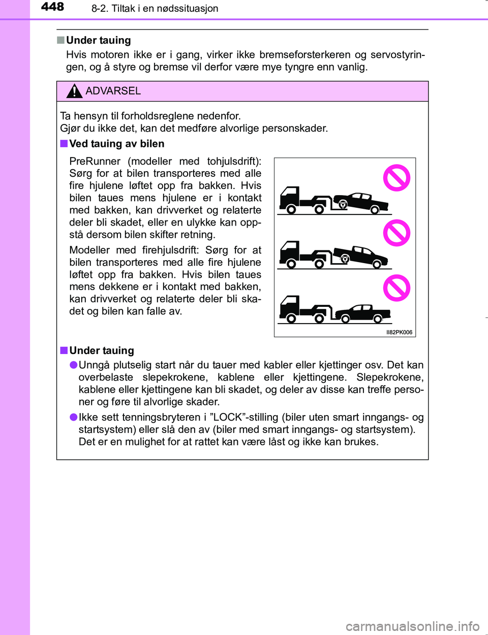 TOYOTA HILUX 2016 Instruksjoner for bruk (in Norwegian) 4488-2. Tiltak i en nødssituasjon
OM0K196E
nUnder tauing
Hvis motoren ikke er i gang, virker ikke bremseforsterkeren og servostyrin-
gen, og å styre og bremse vil derfor være mye tyngre enn vanlig. TOYOTA HILUX 2016 Instruksjoner for bruk (in Norwegian) 4488-2. Tiltak i en nødssituasjon
OM0K196E
nUnder tauing
Hvis motoren ikke er i gang, virker ikke bremseforsterkeren og servostyrin-
gen, og å styre og bremse vil derfor være mye tyngre enn vanlig.