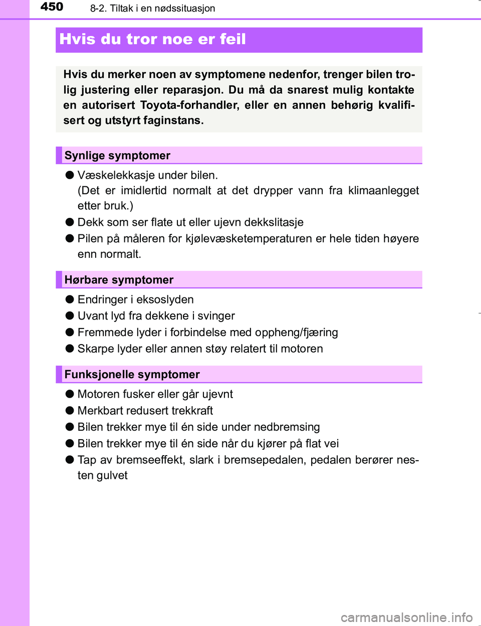 TOYOTA HILUX 2016 Instruksjoner for bruk (in Norwegian) 4508-2. Tiltak i en nødssituasjon
OM0K196E
Hvis du tror noe er feil
lVæskelekkasje under bilen.
(Det er imidlertid normalt at det drypper vann fra klimaanlegget
etter bruk.)
l Dekk som ser flate ut TOYOTA HILUX 2016 Instruksjoner for bruk (in Norwegian) 4508-2. Tiltak i en nødssituasjon
OM0K196E
Hvis du tror noe er feil
lVæskelekkasje under bilen.
(Det er imidlertid normalt at det drypper vann fra klimaanlegget
etter bruk.)
l Dekk som ser flate ut