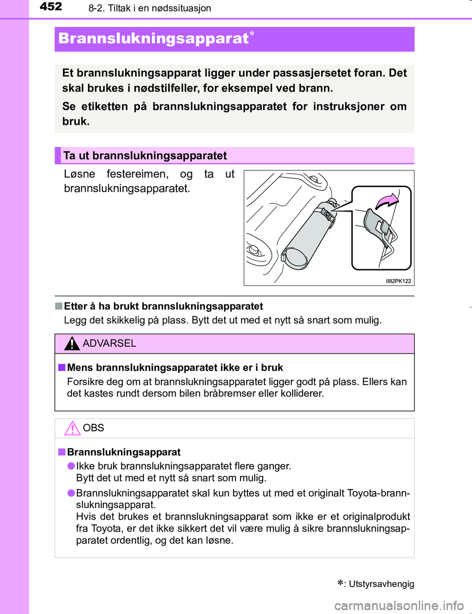 TOYOTA HILUX 2016 Instruksjoner for bruk (in Norwegian) 4528-2. Tiltak i en nødssituasjon
OM0K196E
Brannslukningsapparat
Løsne festereimen, og ta ut
brannslukningsapparatet.
nEtter å ha brukt brannslukningsapparatet
Legg det skikkelig på plass. Bytt TOYOTA HILUX 2016 Instruksjoner for bruk (in Norwegian) 4528-2. Tiltak i en nødssituasjon
OM0K196E
Brannslukningsapparat
Løsne festereimen, og ta ut
brannslukningsapparatet.
nEtter å ha brukt brannslukningsapparatet
Legg det skikkelig på plass. Bytt