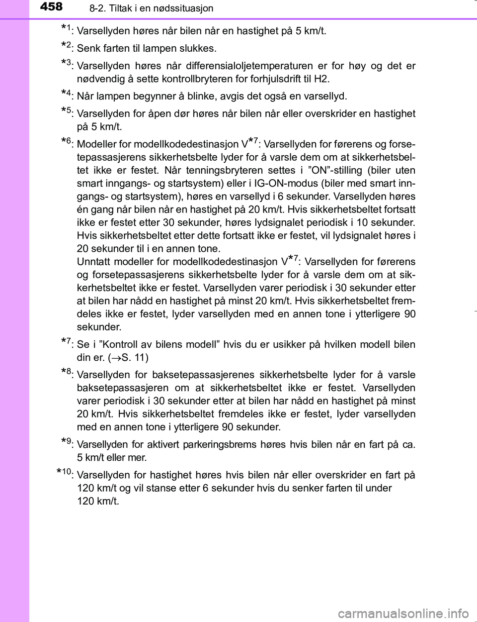 TOYOTA HILUX 2016 Instruksjoner for bruk (in Norwegian) 4588-2. Tiltak i en nødssituasjon
OM0K196E
*1: Varsellyden høres når bilen når en hastighet på 5 km/t.
*2: Senk farten til lampen slukkes.
*3: Varsellyden høres når differensialoljetemperaturen TOYOTA HILUX 2016 Instruksjoner for bruk (in Norwegian) 4588-2. Tiltak i en nødssituasjon
OM0K196E
*1: Varsellyden høres når bilen når en hastighet på 5 km/t.
*2: Senk farten til lampen slukkes.
*3: Varsellyden høres når differensialoljetemperaturen