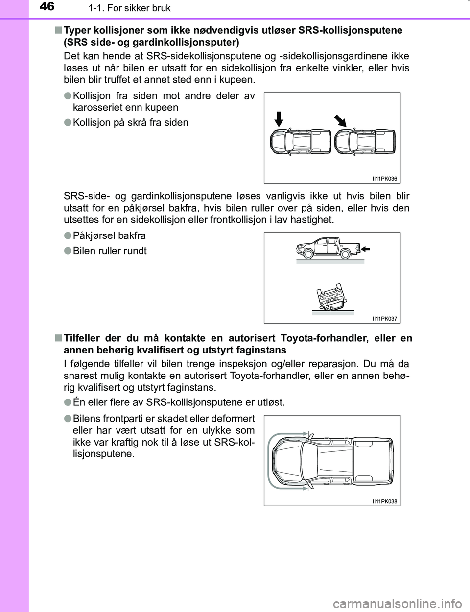TOYOTA HILUX 2016  Instruksjoner for bruk (in Norwegian) 461-1. For sikker bruk
OM0K196En
Typer kollisjoner som ikke nødvendigv is utløser SRS-kollisjonsputene 
(SRS side- og gardinkollisjonsputer)
Det kan hende at SRS-sidekollisjonsputene og -sidekollisj