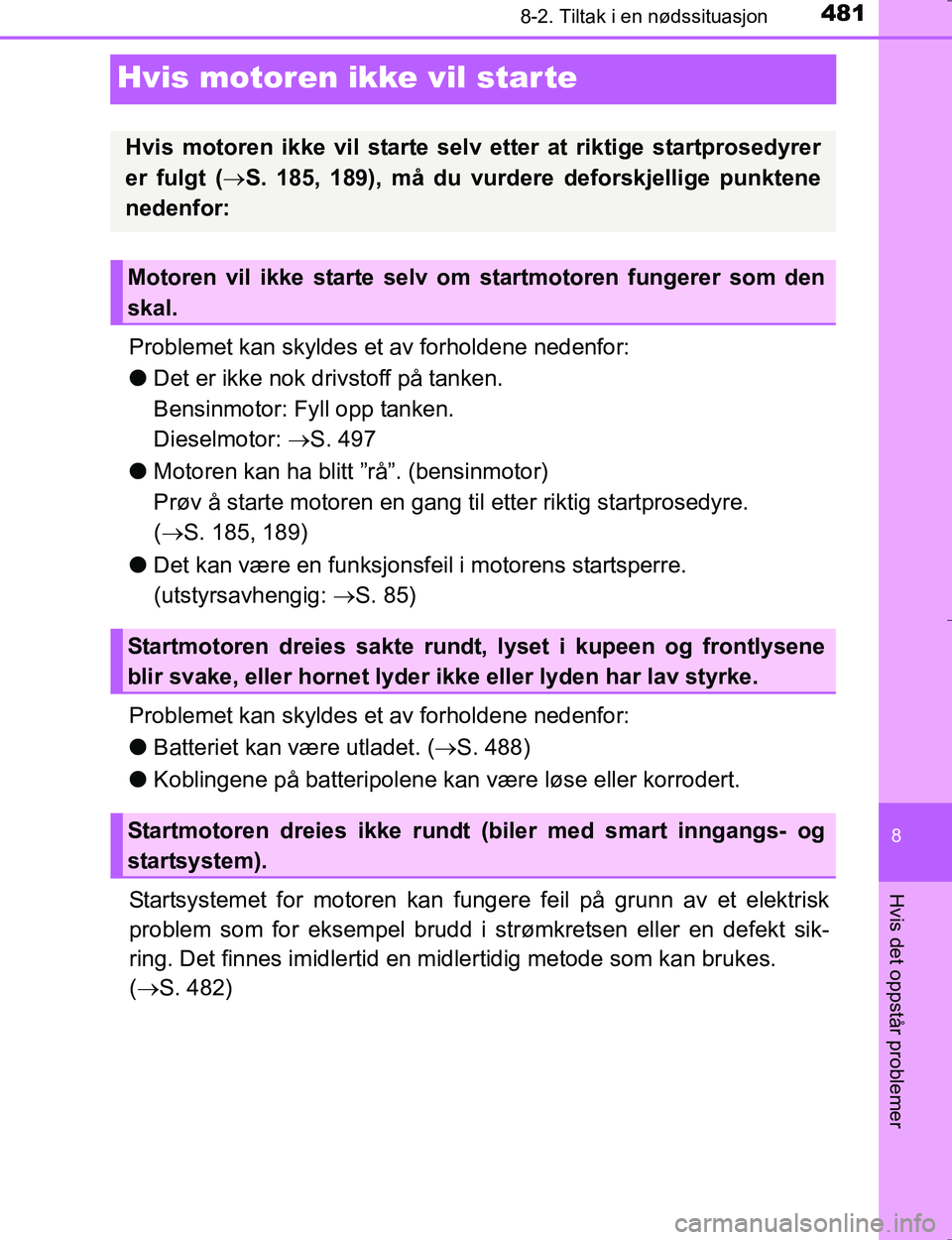 TOYOTA HILUX 2016 Instruksjoner for bruk (in Norwegian) 4818-2. Tiltak i en nødssituasjon
OM0K196E
8
Hvis det oppstår problemer
Hvis motoren ikke vil star te
Problemet kan skyldes et av forholdene nedenfor:
lDet er ikke nok drivstoff på tanken.
Bensinmo TOYOTA HILUX 2016 Instruksjoner for bruk (in Norwegian) 4818-2. Tiltak i en nødssituasjon
OM0K196E
8
Hvis det oppstår problemer
Hvis motoren ikke vil star te
Problemet kan skyldes et av forholdene nedenfor:
lDet er ikke nok drivstoff på tanken.
Bensinmo