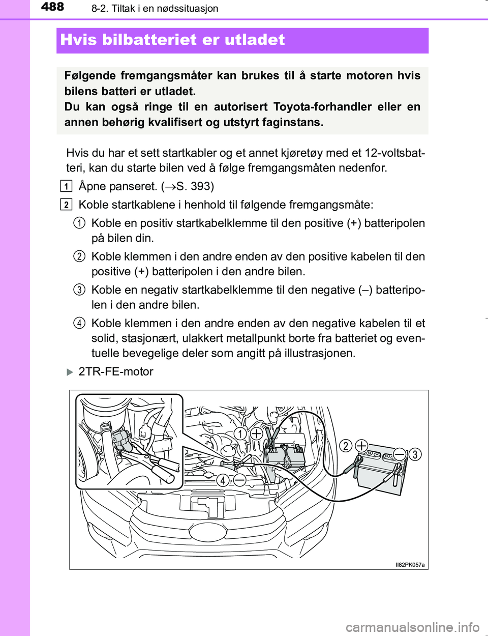 TOYOTA HILUX 2016 Instruksjoner for bruk (in Norwegian) 4888-2. Tiltak i en nødssituasjon
OM0K196E
Hvis bilbatteriet er utladet
Hvis du har et sett startkabler og et annet kjøretøy med et 12-voltsbat-
teri, kan du starte bilen ved å følge fremgangsmå TOYOTA HILUX 2016 Instruksjoner for bruk (in Norwegian) 4888-2. Tiltak i en nødssituasjon
OM0K196E
Hvis bilbatteriet er utladet
Hvis du har et sett startkabler og et annet kjøretøy med et 12-voltsbat-
teri, kan du starte bilen ved å følge fremgangsmå