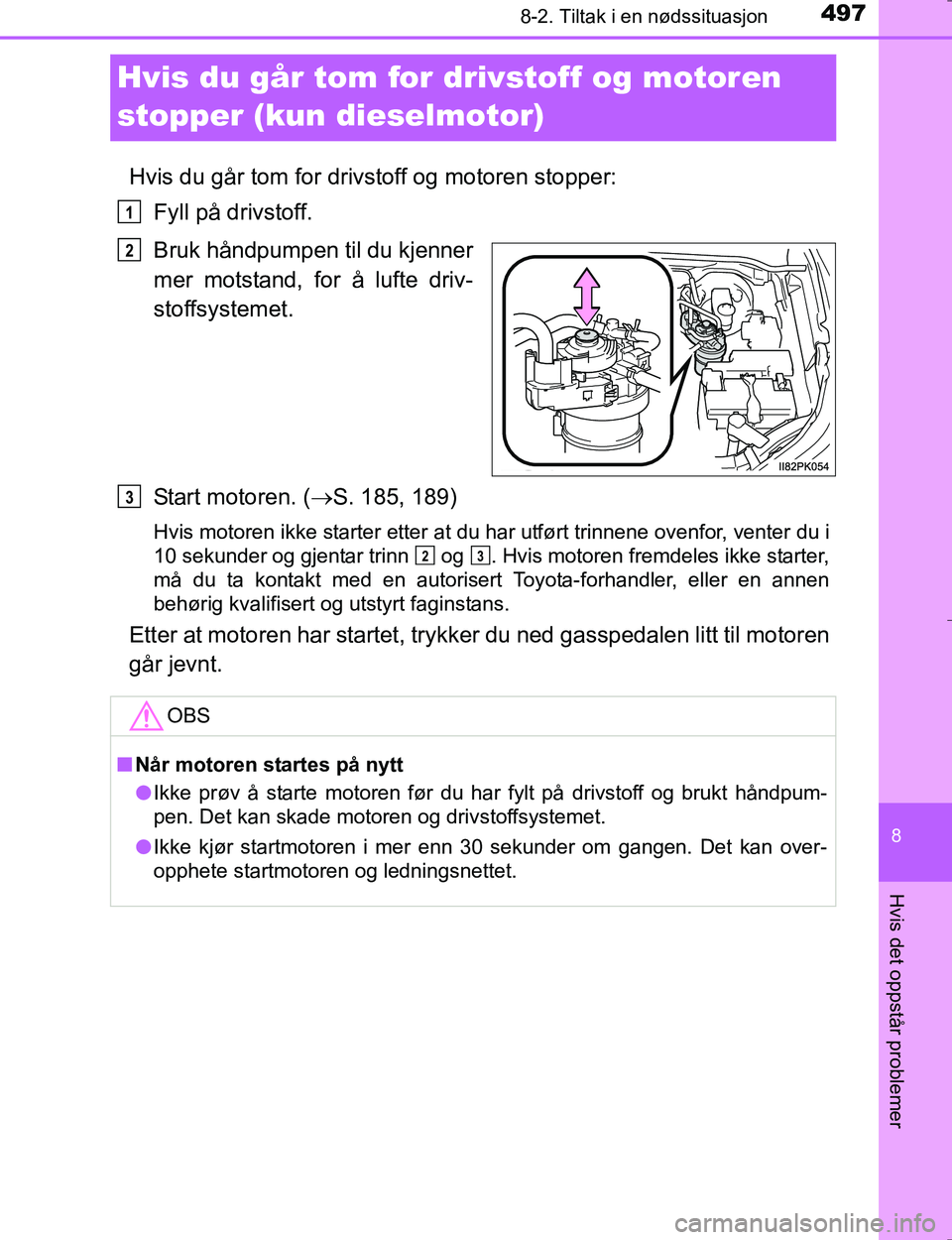 TOYOTA HILUX 2016  Instruksjoner for bruk (in Norwegian) 4978-2. Tiltak i en nødssituasjon
OM0K196E
8
Hvis det oppstår problemer
Hvis du går tom for drivstoff og motoren 
stopper (kun dieselmotor)
Hvis du går tom for drivstoff og motoren stopper:
Fyll p