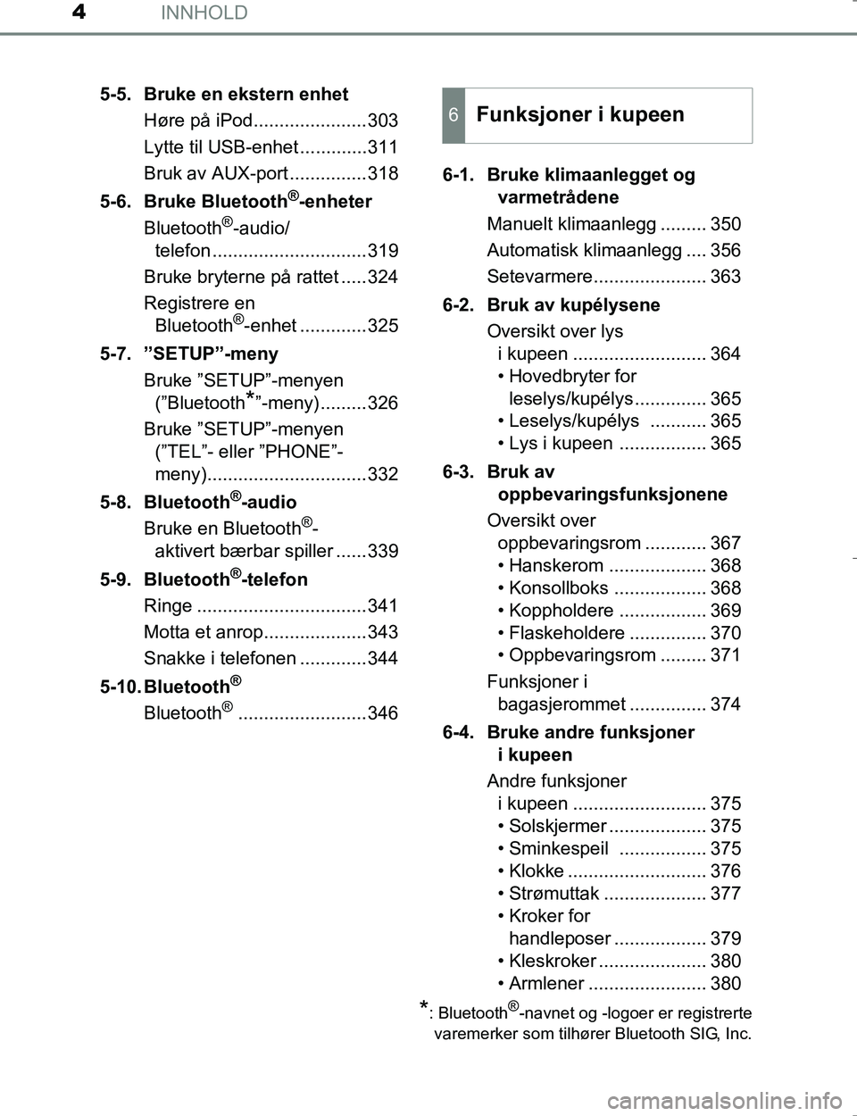 TOYOTA HILUX 2016  Instruksjoner for bruk (in Norwegian) INNHOLD4
OM0K196E5-5. Bruke en ekstern enhet
Høre på iPod......................303
Lytte til USB-enhet .............311
Bruk av AUX-port ...............318
5-6. Bruke Bluetooth
®-enheter
Bluetooth�