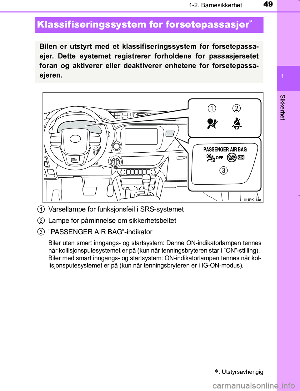TOYOTA HILUX 2016  Instruksjoner for bruk (in Norwegian) 491-2. Barnesikkerhet
1
Sikkerhet
OM0K196E
Klassifiseringssystem for forsetepassasjer
Varsellampe for funksjonsfeil i SRS-systemet
Lampe for påminnelse om sikkerhetsbeltet
”PASSENGER AIR BAG”-