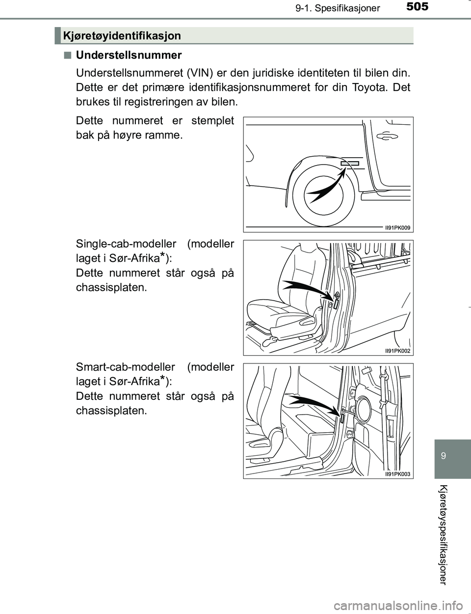 TOYOTA HILUX 2016  Instruksjoner for bruk (in Norwegian) 505
9
9-1. Spesifikasjoner
Kjøretøyspesifikasjoner
OM0K196En
Understellsnummer
Understellsnummeret (VIN) er den juridiske identiteten til bilen din.
Dette er det primære identifikasjonsnummeret for