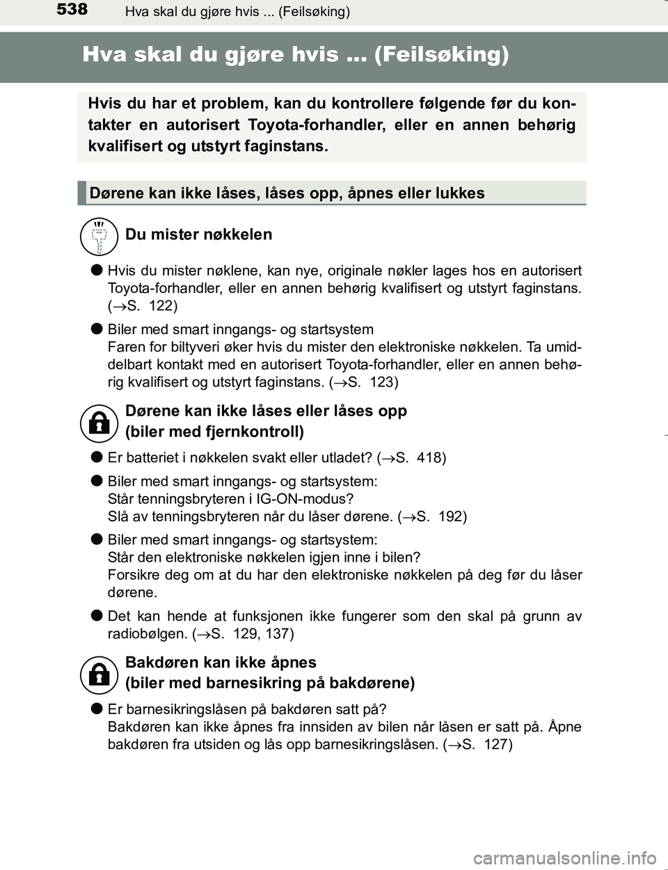 TOYOTA HILUX 2016 Instruksjoner for bruk (in Norwegian) 538Hva skal du gjøre hvis ... (Feilsøking)
OM0K196E
Hva skal du gjøre hvis ... (Feilsøking)
lHvis du mister nøklene, kan nye, orig inale nøkler lages hos en autorisert
Toyota-forhandler, eller e TOYOTA HILUX 2016 Instruksjoner for bruk (in Norwegian) 538Hva skal du gjøre hvis ... (Feilsøking)
OM0K196E
Hva skal du gjøre hvis ... (Feilsøking)
lHvis du mister nøklene, kan nye, orig inale nøkler lages hos en autorisert
Toyota-forhandler, eller e