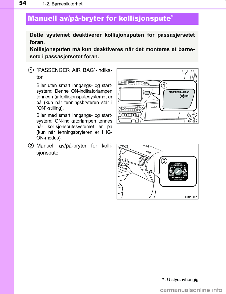 TOYOTA HILUX 2016  Instruksjoner for bruk (in Norwegian) 541-2. Barnesikkerhet
OM0K196E
Manuell av/på-br yter for kollisjonspute
”PASSENGER AIR BAG”-indika-
tor
Biler uten smart inngangs- og start-
system: Denne ON-indikatorlampen
tennes når kollis