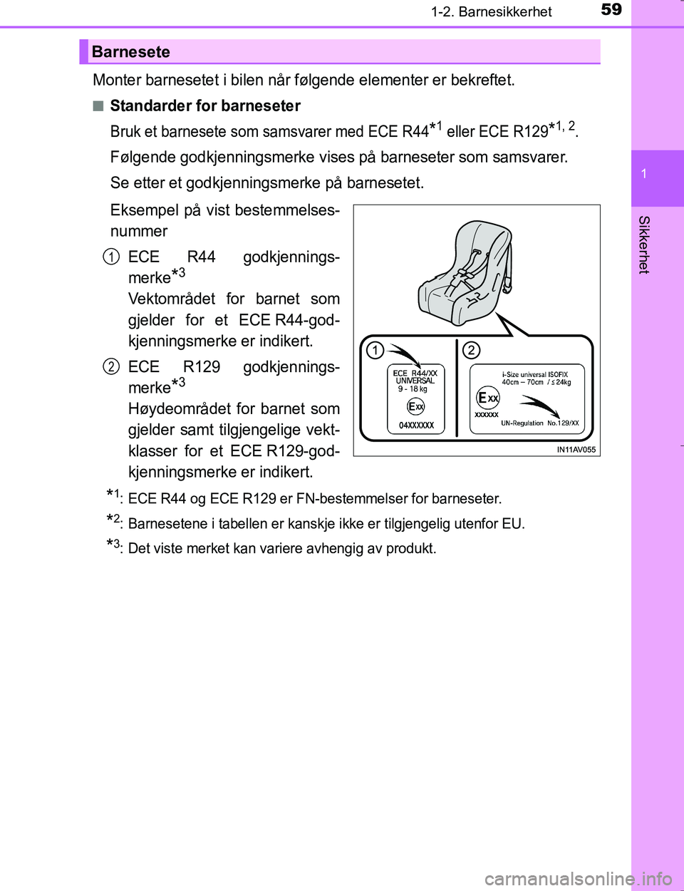 TOYOTA HILUX 2016  Instruksjoner for bruk (in Norwegian) 591-2. Barnesikkerhet
1
OM0K196E
Sikkerhet
Monter barnesetet i bilen når følgende elementer er bekreftet.
nStandarder for barneseter
Bruk et barnesete som samsvarer med ECE R44*1 eller ECE R129*1, 2 TOYOTA HILUX 2016  Instruksjoner for bruk (in Norwegian) 591-2. Barnesikkerhet
1
OM0K196E
Sikkerhet
Monter barnesetet i bilen når følgende elementer er bekreftet.
nStandarder for barneseter
Bruk et barnesete som samsvarer med ECE R44*1 eller ECE R129*1, 2