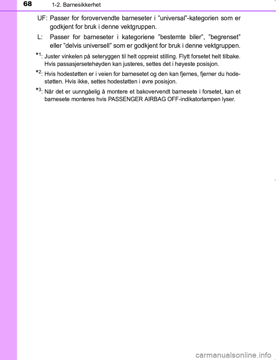 TOYOTA HILUX 2016  Instruksjoner for bruk (in Norwegian) 681-2. Barnesikkerhet
OM0K196E
UF: Passer for forovervendte barneseter i ”universal”-kategorien som er
godkjent for bruk i denne vektgruppen.
L: Passer for barneseter i kategoriene ”bestemte bil TOYOTA HILUX 2016  Instruksjoner for bruk (in Norwegian) 681-2. Barnesikkerhet
OM0K196E
UF: Passer for forovervendte barneseter i ”universal”-kategorien som er
godkjent for bruk i denne vektgruppen.
L: Passer for barneseter i kategoriene ”bestemte bil