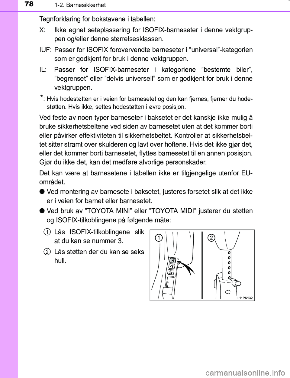 TOYOTA HILUX 2016 Instruksjoner for bruk (in Norwegian) 781-2. Barnesikkerhet
OM0K196E
Tegnforklaring for bokstavene i tabellen:
X: Ikke egnet seteplassering for ISOFIX-barneseter i denne vektgrup-pen og/eller denne størrelsesklassen.
IUF: Passer for ISOF TOYOTA HILUX 2016 Instruksjoner for bruk (in Norwegian) 781-2. Barnesikkerhet
OM0K196E
Tegnforklaring for bokstavene i tabellen:
X: Ikke egnet seteplassering for ISOFIX-barneseter i denne vektgrup-pen og/eller denne størrelsesklassen.
IUF: Passer for ISOF