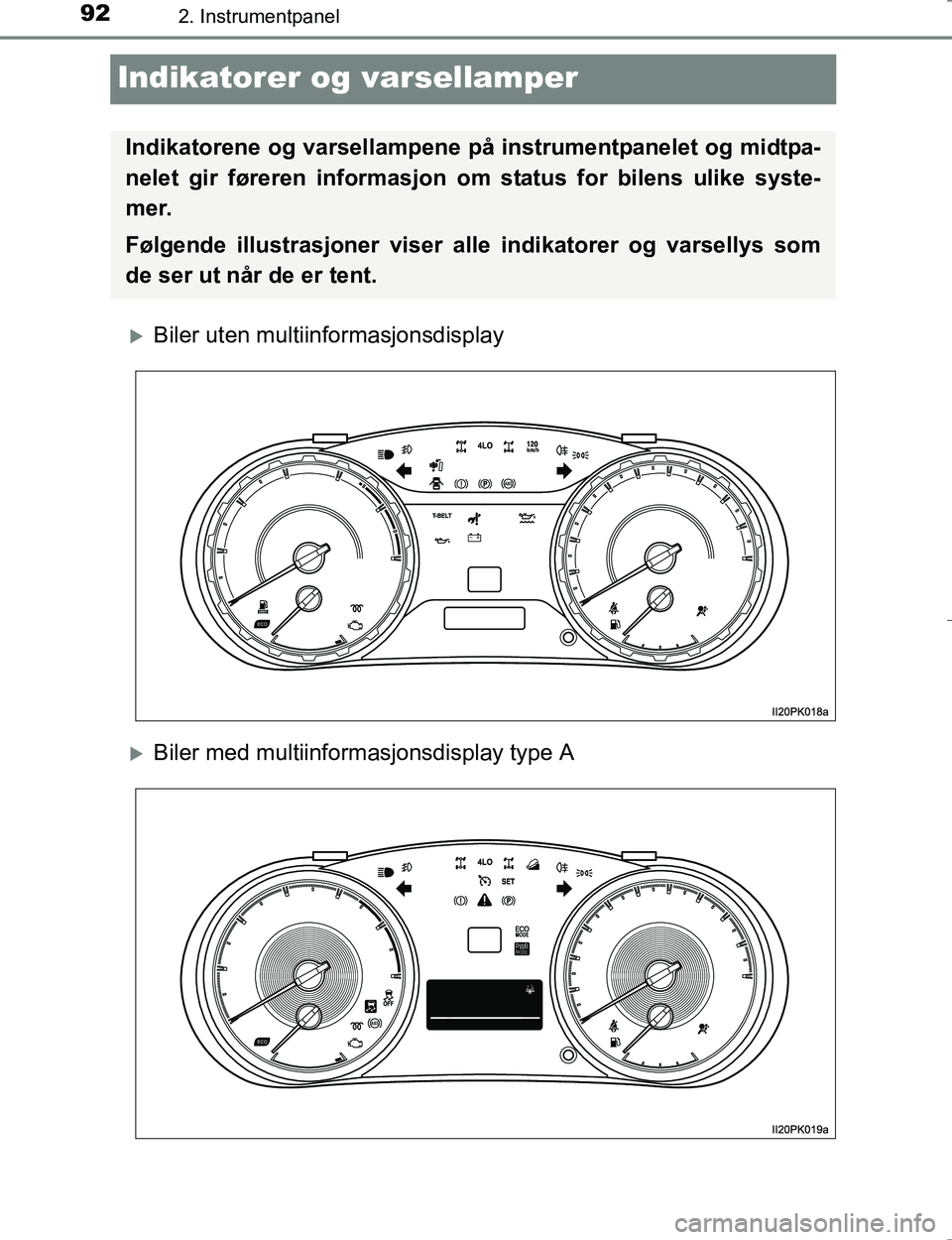 TOYOTA HILUX 2016 Instruksjoner for bruk (in Norwegian) 922. Instrumentpanel
OM0K196E
Indikatorer og varsellamper
Biler uten multiinformasjonsdisplay
Biler med multiinformasjonsdisplay type A
Indikatorene og varsellampene på instrumentpanelet og mi TOYOTA HILUX 2016 Instruksjoner for bruk (in Norwegian) 922. Instrumentpanel
OM0K196E
Indikatorer og varsellamper
Biler uten multiinformasjonsdisplay
Biler med multiinformasjonsdisplay type A
Indikatorene og varsellampene på instrumentpanelet og mi