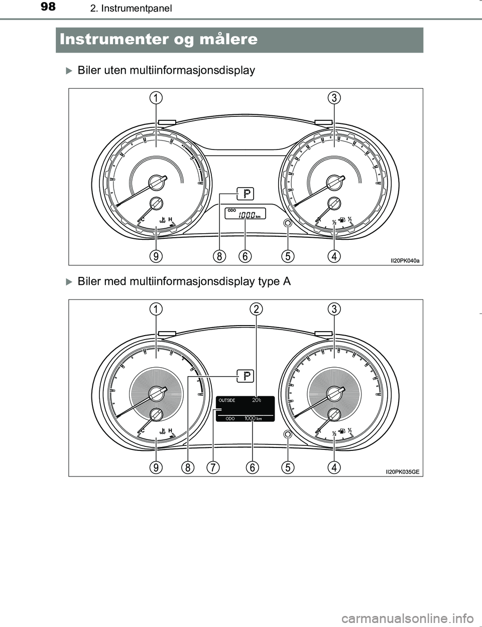 TOYOTA HILUX 2016 Instruksjoner for bruk (in Norwegian) 982. Instrumentpanel
OM0K196E
Instrumenter og målere
Biler uten multiinformasjonsdisplay
Biler med multiinformasjonsdisplay type A
OM0K196NO_Hilux.book Page 98 Wednesday, May 25, 2016 3:43 P TOYOTA HILUX 2016 Instruksjoner for bruk (in Norwegian) 982. Instrumentpanel
OM0K196E
Instrumenter og målere
Biler uten multiinformasjonsdisplay
Biler med multiinformasjonsdisplay type A
OM0K196NO_Hilux.book Page 98 Wednesday, May 25, 2016 3:43 P