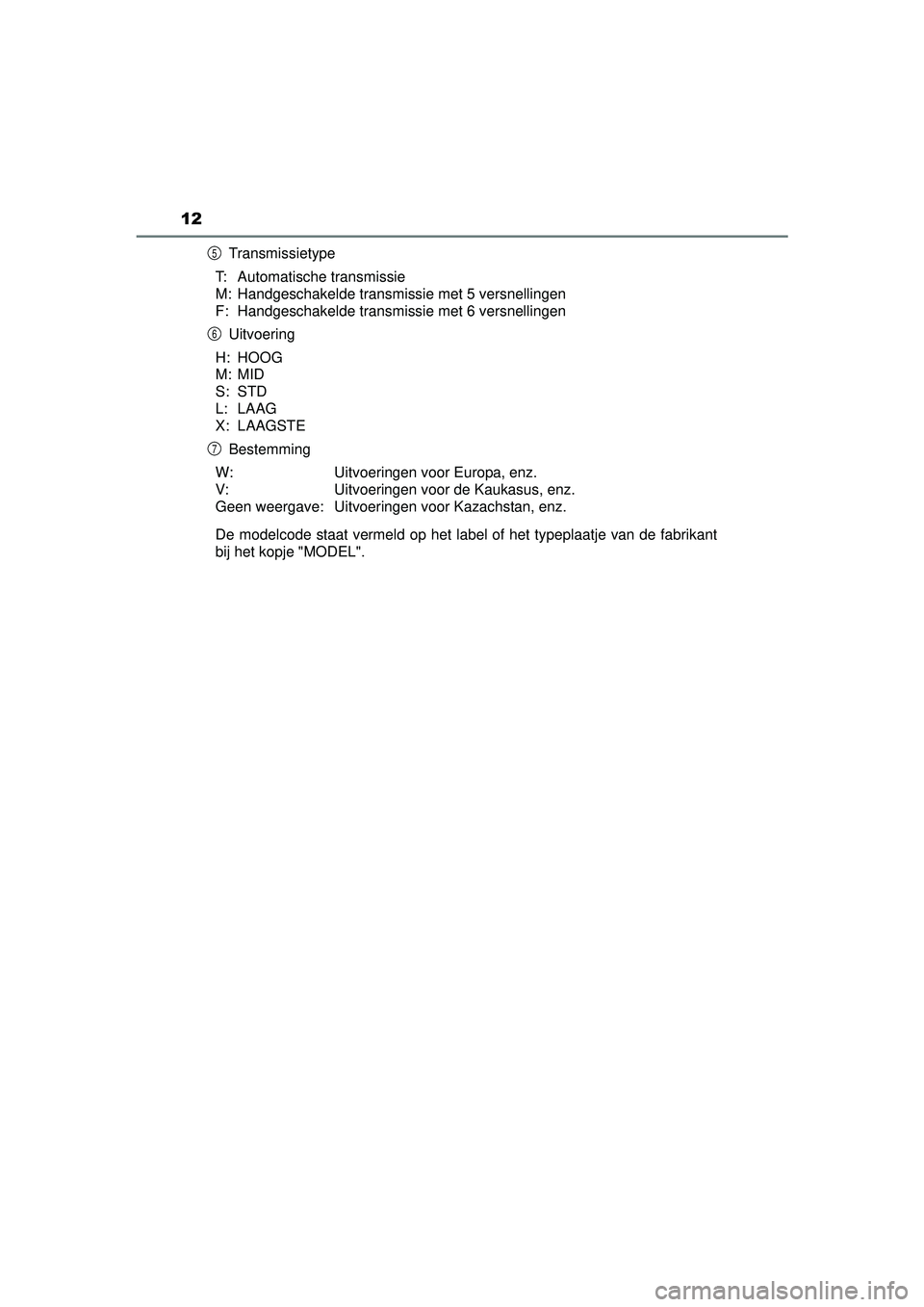 TOYOTA HILUX 2016 Instructieboekje (in Dutch) 12
HILUX_OM_OM0K269E_(EE)Transmissietype
T: Automatische transmissie
M: Handgeschakelde transmissie met 5 versnellingen
F: Handgeschakelde transmissie met 6 versnellingen Uitvoering
H: HOOG
M: MID
S: TOYOTA HILUX 2016 Instructieboekje (in Dutch) 12
HILUX_OM_OM0K269E_(EE)Transmissietype
T: Automatische transmissie
M: Handgeschakelde transmissie met 5 versnellingen
F: Handgeschakelde transmissie met 6 versnellingen Uitvoering
H: HOOG
M: MID
S: