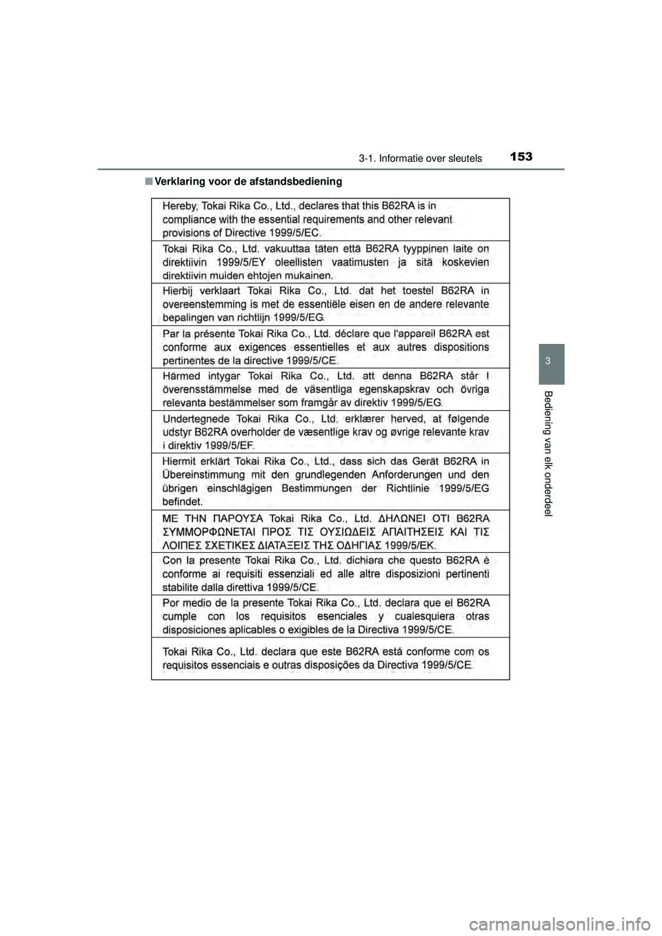 TOYOTA HILUX 2016 Instructieboekje (in Dutch) 1533-1. Informatie over sleutels
3
Bediening van elk onderdeel
HILUX_OM_OM0K269E_(EE)■
Verklaring voor de afstandsbediening
HILUX_OM_OM0K269E_(EE).book Page 153 Monday, March 7, 2016 2:16 PM TOYOTA HILUX 2016 Instructieboekje (in Dutch) 1533-1. Informatie over sleutels
3
Bediening van elk onderdeel
HILUX_OM_OM0K269E_(EE)■
Verklaring voor de afstandsbediening
HILUX_OM_OM0K269E_(EE).book Page 153 Monday, March 7, 2016 2:16 PM