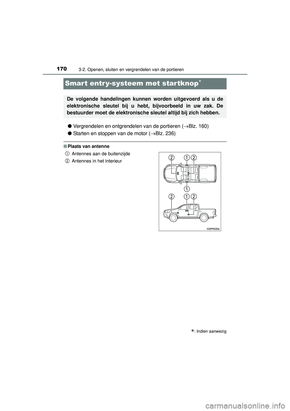 TOYOTA HILUX 2016 Instructieboekje (in Dutch) 1703-2. Openen, sluiten en vergrendelen van de portieren
HILUX_OM_OM0K269E_(EE)
Smart entr y-systeem met startknop
●Vergrendelen en ontgrendelen van de portieren ( Blz. 160)
● Starten en sto TOYOTA HILUX 2016 Instructieboekje (in Dutch) 1703-2. Openen, sluiten en vergrendelen van de portieren
HILUX_OM_OM0K269E_(EE)
Smart entr y-systeem met startknop
●Vergrendelen en ontgrendelen van de portieren ( Blz. 160)
● Starten en sto