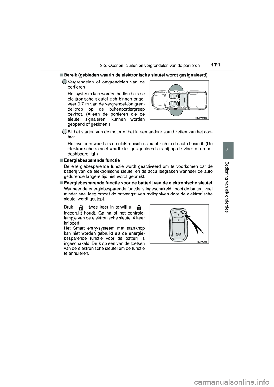 TOYOTA HILUX 2016 Instructieboekje (in Dutch) 1713-2. Openen, sluiten en vergrendelen van de portieren
3
Bediening van elk onderdeel
HILUX_OM_OM0K269E_(EE)■
Bereik (gebieden waarin de elekt ronische sleutel wordt gesignaleerd)
Bij het starten v TOYOTA HILUX 2016 Instructieboekje (in Dutch) 1713-2. Openen, sluiten en vergrendelen van de portieren
3
Bediening van elk onderdeel
HILUX_OM_OM0K269E_(EE)■
Bereik (gebieden waarin de elekt ronische sleutel wordt gesignaleerd)
Bij het starten v