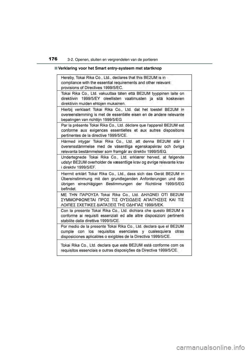 TOYOTA HILUX 2016 Instructieboekje (in Dutch) 1763-2. Openen, sluiten en vergrendelen van de portieren
HILUX_OM_OM0K269E_(EE)■
Verklaring voor het Smart entry-systeem met startknop
HILUX_OM_OM0K269E_(EE).book Page 176 Monday, March 7, 2016 TOYOTA HILUX 2016 Instructieboekje (in Dutch) 1763-2. Openen, sluiten en vergrendelen van de portieren
HILUX_OM_OM0K269E_(EE)■
Verklaring voor het Smart entry-systeem met startknop
HILUX_OM_OM0K269E_(EE).book Page 176 Monday, March 7, 2016