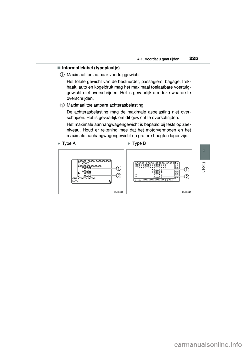 TOYOTA HILUX 2016 Instructieboekje (in Dutch) 2254-1. Voordat u gaat rijden
4
Rijden
HILUX_OM_OM0K269E_(EE)■
Informatielabel (typeplaatje)
Maximaal toelaatbaar voertuiggewicht
Het totale gewicht van de best uurder, passagiers, bagage, trek-
haa TOYOTA HILUX 2016 Instructieboekje (in Dutch) 2254-1. Voordat u gaat rijden
4
Rijden
HILUX_OM_OM0K269E_(EE)■
Informatielabel (typeplaatje)
Maximaal toelaatbaar voertuiggewicht
Het totale gewicht van de best uurder, passagiers, bagage, trek-
haa