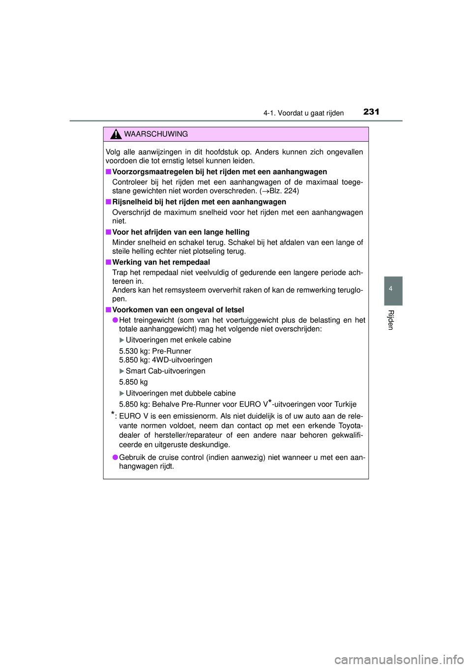 TOYOTA HILUX 2016 Instructieboekje (in Dutch) 2314-1. Voordat u gaat rijden
4
Rijden
HILUX_OM_OM0K269E_(EE)
WAARSCHUWING
Volg alle aanwijzingen in dit hoofdstuk op. Anders kunnen zich ongevallen
voordoen die tot ernstig letsel kunnen leiden.
■V TOYOTA HILUX 2016 Instructieboekje (in Dutch) 2314-1. Voordat u gaat rijden
4
Rijden
HILUX_OM_OM0K269E_(EE)
WAARSCHUWING
Volg alle aanwijzingen in dit hoofdstuk op. Anders kunnen zich ongevallen
voordoen die tot ernstig letsel kunnen leiden.
■V