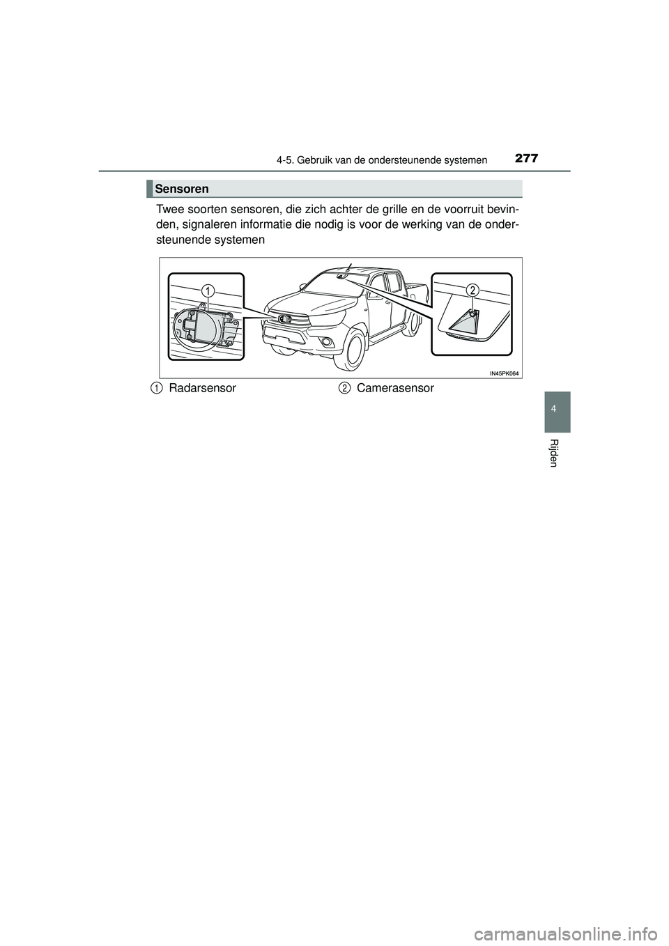 TOYOTA HILUX 2016 Instructieboekje (in Dutch) 2774-5. Gebruik van de ondersteunende systemen
4
Rijden
HILUX_OM_OM0K269E_(EE)
Twee soorten sensoren, die zich achter de gr ille en de voorruit bevin-
den, signaleren informatie die nodig is voor de w TOYOTA HILUX 2016 Instructieboekje (in Dutch) 2774-5. Gebruik van de ondersteunende systemen
4
Rijden
HILUX_OM_OM0K269E_(EE)
Twee soorten sensoren, die zich achter de gr ille en de voorruit bevin-
den, signaleren informatie die nodig is voor de w