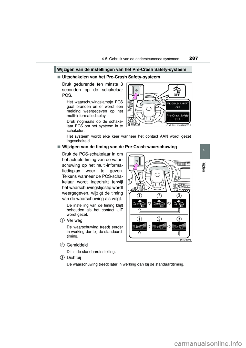 TOYOTA HILUX 2016  Instructieboekje (in Dutch) 2874-5. Gebruik van de ondersteunende systemen
4
Rijden
HILUX_OM_OM0K269E_(EE)■
Uitschakelen van het Pre-Crash Safety-systeem
Druk gedurende ten minste 3
seconden op de schakelaar
PCS.
Het waarschuw