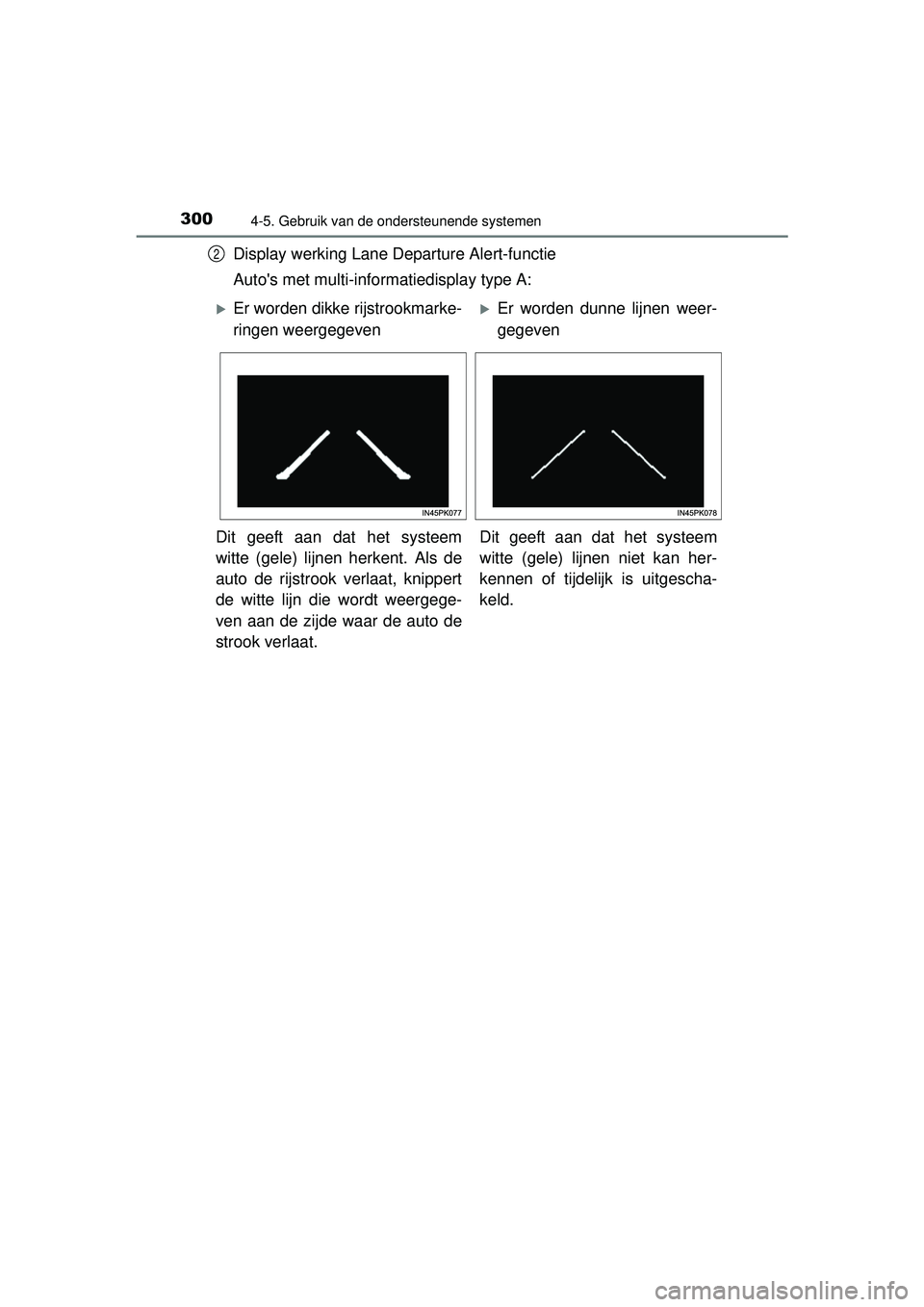 TOYOTA HILUX 2016 Instructieboekje (in Dutch) 3004-5. Gebruik van de ondersteunende systemen
HILUX_OM_OM0K269E_(EE)
Display werking Lane Departure Alert-functie
Autos met multi-informatiedisplay type A:2
Er worden dikke rijstrookmarke-
ringen TOYOTA HILUX 2016 Instructieboekje (in Dutch) 3004-5. Gebruik van de ondersteunende systemen
HILUX_OM_OM0K269E_(EE)
Display werking Lane Departure Alert-functie
Autos met multi-informatiedisplay type A:2
Er worden dikke rijstrookmarke-
ringen