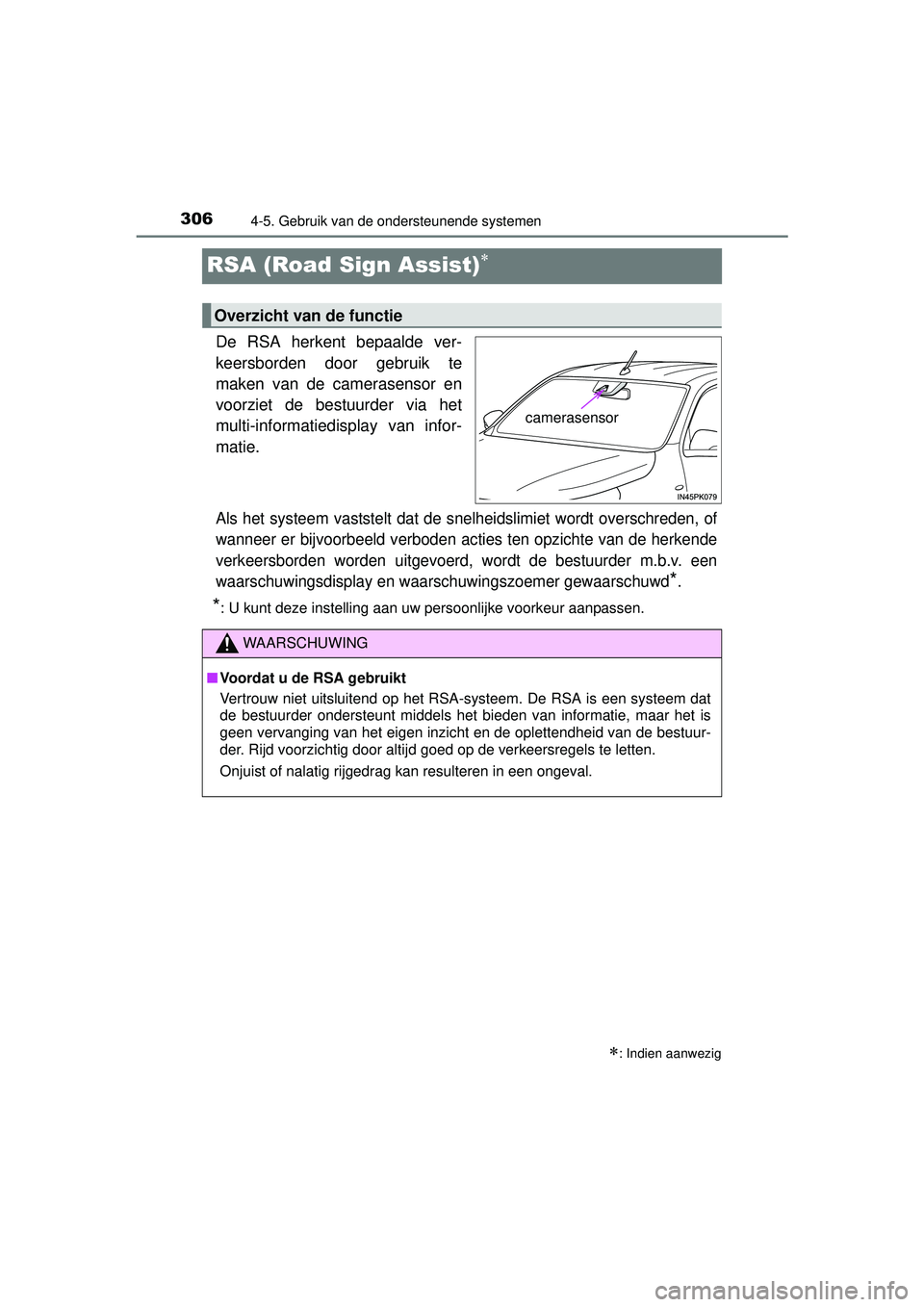 TOYOTA HILUX 2016  Instructieboekje (in Dutch) 3064-5. Gebruik van de ondersteunende systemen
HILUX_OM_OM0K269E_(EE)
RSA (Road Sign Assist)
De RSA herkent bepaalde ver-
keersborden door gebruik te
maken van de camerasensor en
voorziet de bestuu
