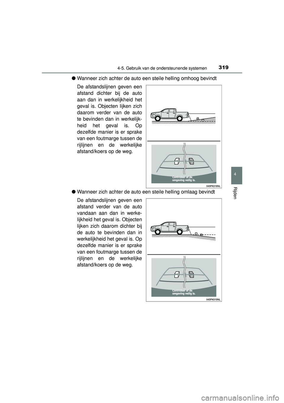 TOYOTA HILUX 2016 Instructieboekje (in Dutch) 3194-5. Gebruik van de ondersteunende systemen
4
Rijden
HILUX_OM_OM0K269E_(EE)
●Wanneer zich achter de auto een steile helling omhoog bevindt
De afstandslijnen geven een
afstand dichter bij de auto TOYOTA HILUX 2016 Instructieboekje (in Dutch) 3194-5. Gebruik van de ondersteunende systemen
4
Rijden
HILUX_OM_OM0K269E_(EE)
●Wanneer zich achter de auto een steile helling omhoog bevindt
De afstandslijnen geven een
afstand dichter bij de auto