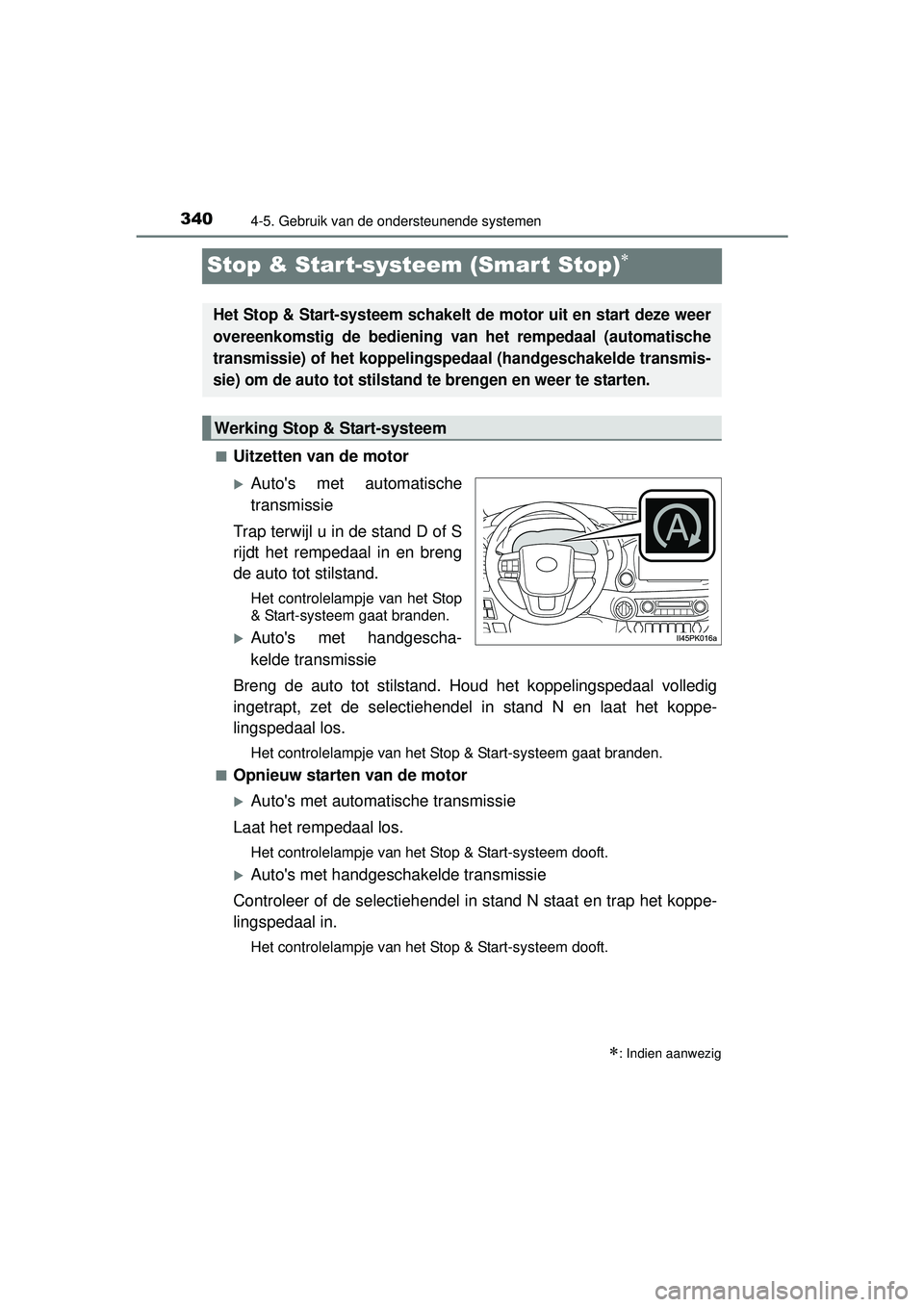 TOYOTA HILUX 2016 Instructieboekje (in Dutch) 3404-5. Gebruik van de ondersteunende systemen
HILUX_OM_OM0K269E_(EE)
Stop & Start-systeem (Smart Stop)
■Uitzetten van de motor
Autos met automatische
transmissie
Trap terwijl u in de stand D TOYOTA HILUX 2016 Instructieboekje (in Dutch) 3404-5. Gebruik van de ondersteunende systemen
HILUX_OM_OM0K269E_(EE)
Stop & Start-systeem (Smart Stop)
■Uitzetten van de motor
Autos met automatische
transmissie
Trap terwijl u in de stand D
