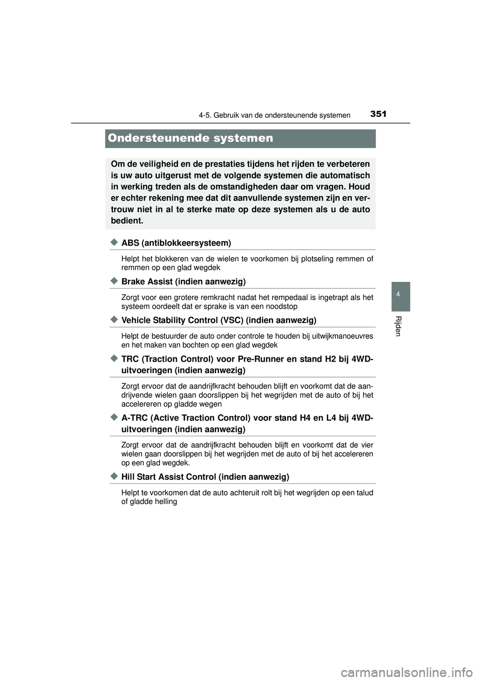 TOYOTA HILUX 2016 Instructieboekje (in Dutch) 351
4
4-5. Gebruik van de ondersteunende systemen
Rijden
HILUX_OM_OM0K269E_(EE)
Ondersteunende systemen
◆ABS (antiblokkeersysteem)
Helpt het blokkeren van de wielen te voorkomen bij plotseling remme TOYOTA HILUX 2016 Instructieboekje (in Dutch) 351
4
4-5. Gebruik van de ondersteunende systemen
Rijden
HILUX_OM_OM0K269E_(EE)
Ondersteunende systemen
◆ABS (antiblokkeersysteem)
Helpt het blokkeren van de wielen te voorkomen bij plotseling remme