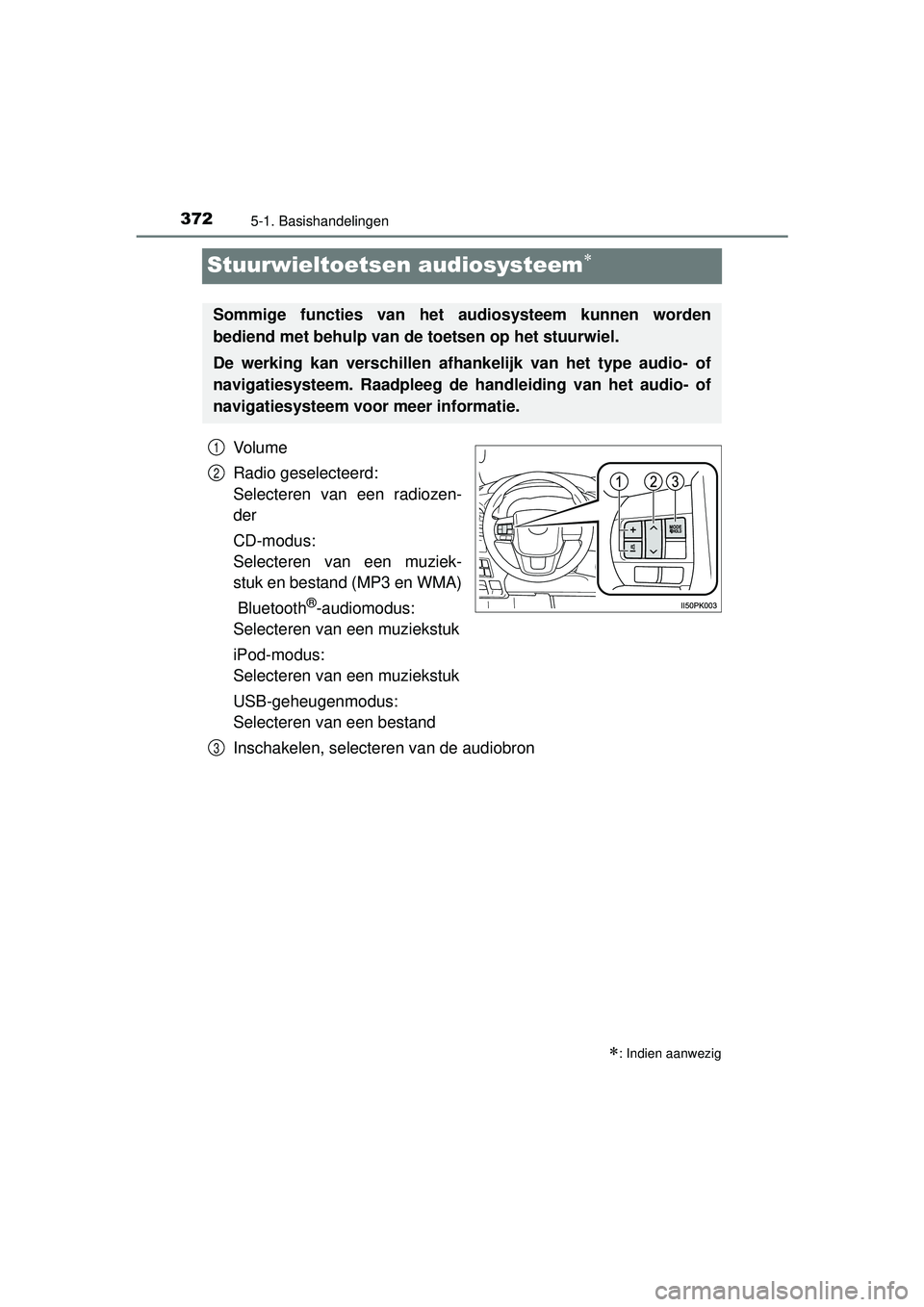 TOYOTA HILUX 2016 Instructieboekje (in Dutch) 3725-1. Basishandelingen
HILUX_OM_OM0K269E_(EE)
Stuurwieltoetsen audiosysteem
Vo l u m e
Radio geselecteerd:
Selecteren van een radiozen-
der
CD-modus:
Selecteren van een muziek-
stuk en bestand (M TOYOTA HILUX 2016 Instructieboekje (in Dutch) 3725-1. Basishandelingen
HILUX_OM_OM0K269E_(EE)
Stuurwieltoetsen audiosysteem
Vo l u m e
Radio geselecteerd:
Selecteren van een radiozen-
der
CD-modus:
Selecteren van een muziek-
stuk en bestand (M