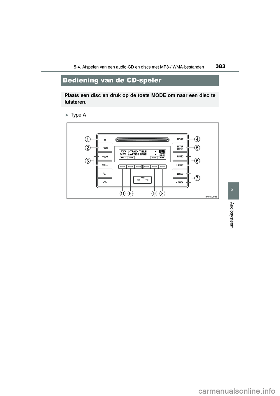 TOYOTA HILUX 2016 Instructieboekje (in Dutch) 383
5
5-4. Afspelen van een audio-CD en discs met MP3-/ WMA-bestanden
Audiosysteem
HILUX_OM_OM0K269E_(EE)
Bediening van de CD-speler
Ty p e A
Plaats een disc en druk op de toets MODE om naar een d TOYOTA HILUX 2016 Instructieboekje (in Dutch) 383
5
5-4. Afspelen van een audio-CD en discs met MP3-/ WMA-bestanden
Audiosysteem
HILUX_OM_OM0K269E_(EE)
Bediening van de CD-speler
Ty p e A
Plaats een disc en druk op de toets MODE om naar een d