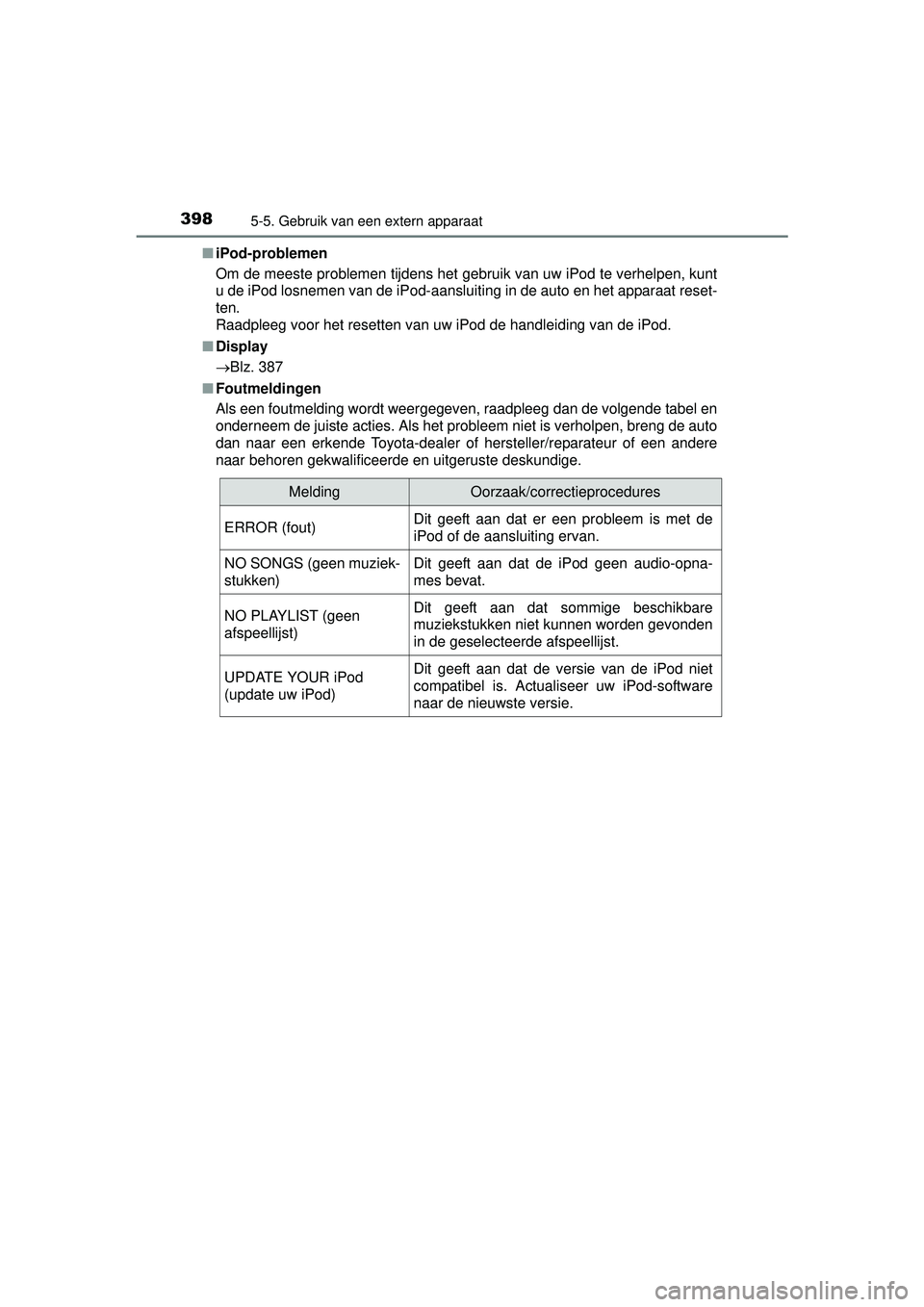 TOYOTA HILUX 2016 Instructieboekje (in Dutch) 3985-5. Gebruik van een extern apparaat
HILUX_OM_OM0K269E_(EE)■
iPod-problemen
Om de meeste problemen tijdens het gebruik van uw iPod te verhelpen, kunt
u de iPod losnemen van de iPod-aansluiting in TOYOTA HILUX 2016 Instructieboekje (in Dutch) 3985-5. Gebruik van een extern apparaat
HILUX_OM_OM0K269E_(EE)■
iPod-problemen
Om de meeste problemen tijdens het gebruik van uw iPod te verhelpen, kunt
u de iPod losnemen van de iPod-aansluiting in