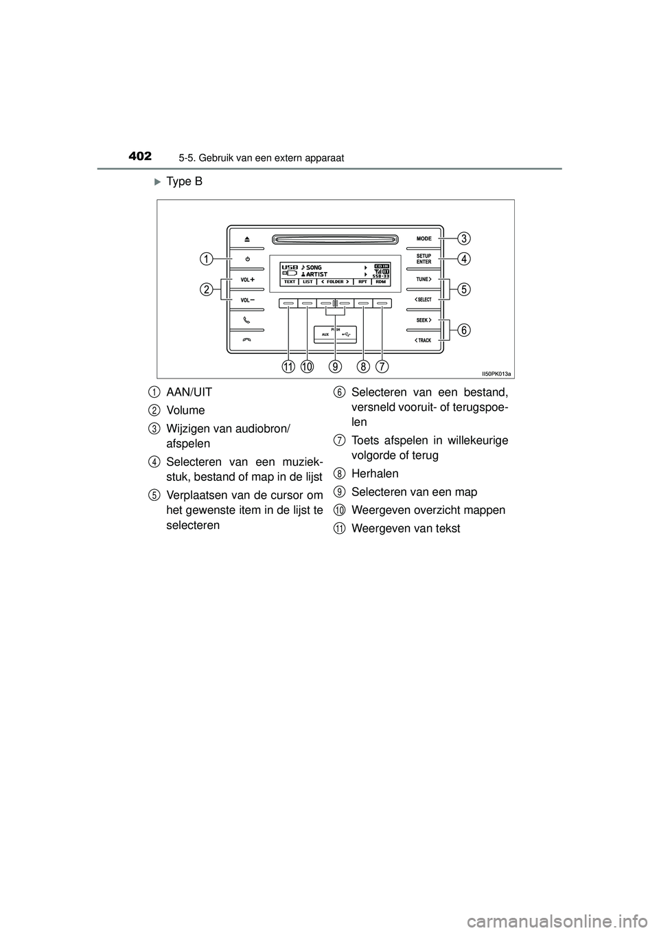 TOYOTA HILUX 2016 Instructieboekje (in Dutch) 4025-5. Gebruik van een extern apparaat
HILUX_OM_OM0K269E_(EE)
Ty p e B
AAN/UIT
Vo l u m e
Wijzigen van audiobron/
afspelen
Selecteren van een muziek-
stuk, bestand of map in de lijst
Verplaatsen TOYOTA HILUX 2016 Instructieboekje (in Dutch) 4025-5. Gebruik van een extern apparaat
HILUX_OM_OM0K269E_(EE)
Ty p e B
AAN/UIT
Vo l u m e
Wijzigen van audiobron/
afspelen
Selecteren van een muziek-
stuk, bestand of map in de lijst
Verplaatsen