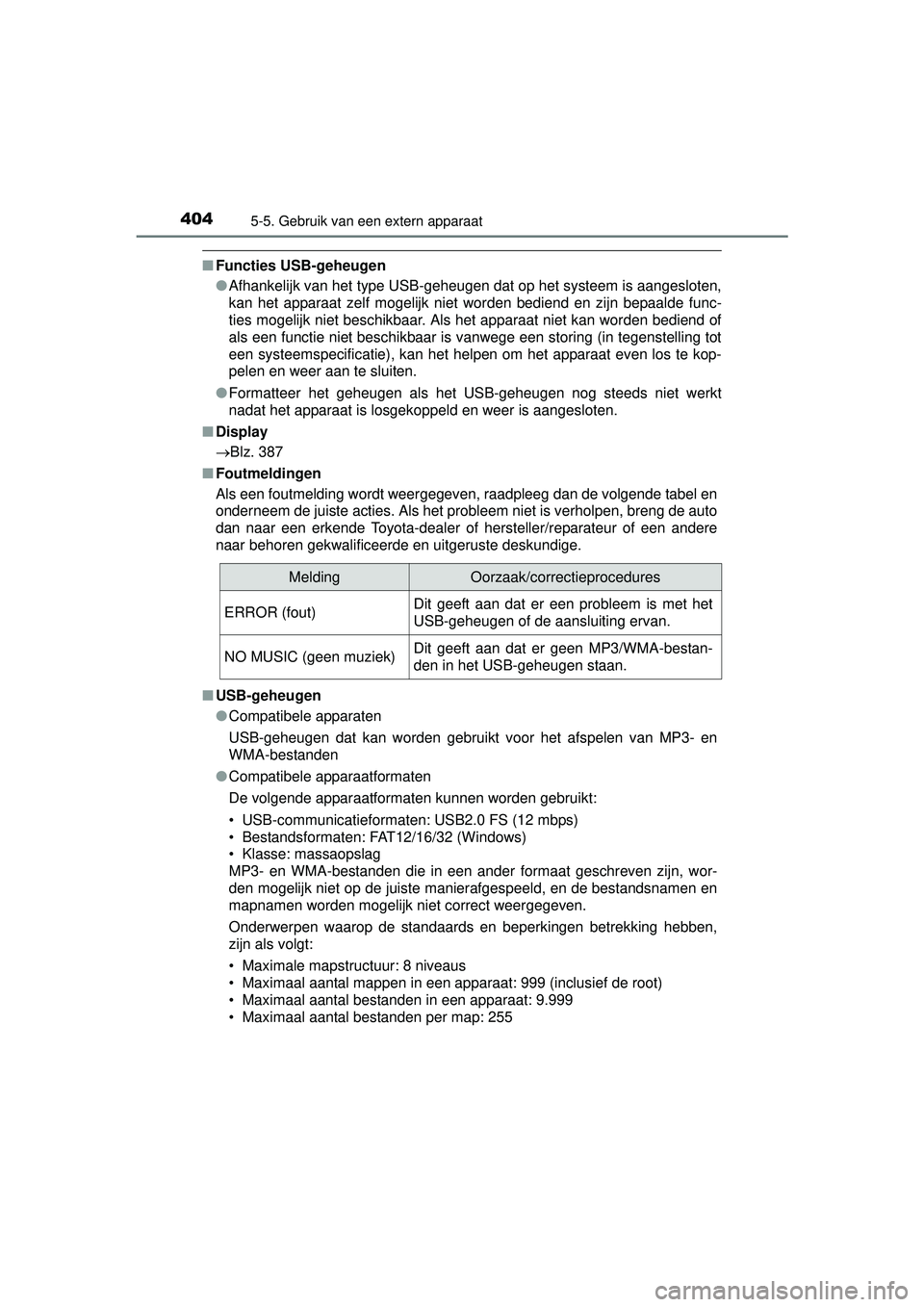 TOYOTA HILUX 2016 Instructieboekje (in Dutch) 4045-5. Gebruik van een extern apparaat
HILUX_OM_OM0K269E_(EE)
■Functies USB-geheugen
●Afhankelijk van het type USB-geheugen dat op het systeem is aangesloten,
kan het apparaat zelf mogelijk niet TOYOTA HILUX 2016 Instructieboekje (in Dutch) 4045-5. Gebruik van een extern apparaat
HILUX_OM_OM0K269E_(EE)
■Functies USB-geheugen
●Afhankelijk van het type USB-geheugen dat op het systeem is aangesloten,
kan het apparaat zelf mogelijk niet
