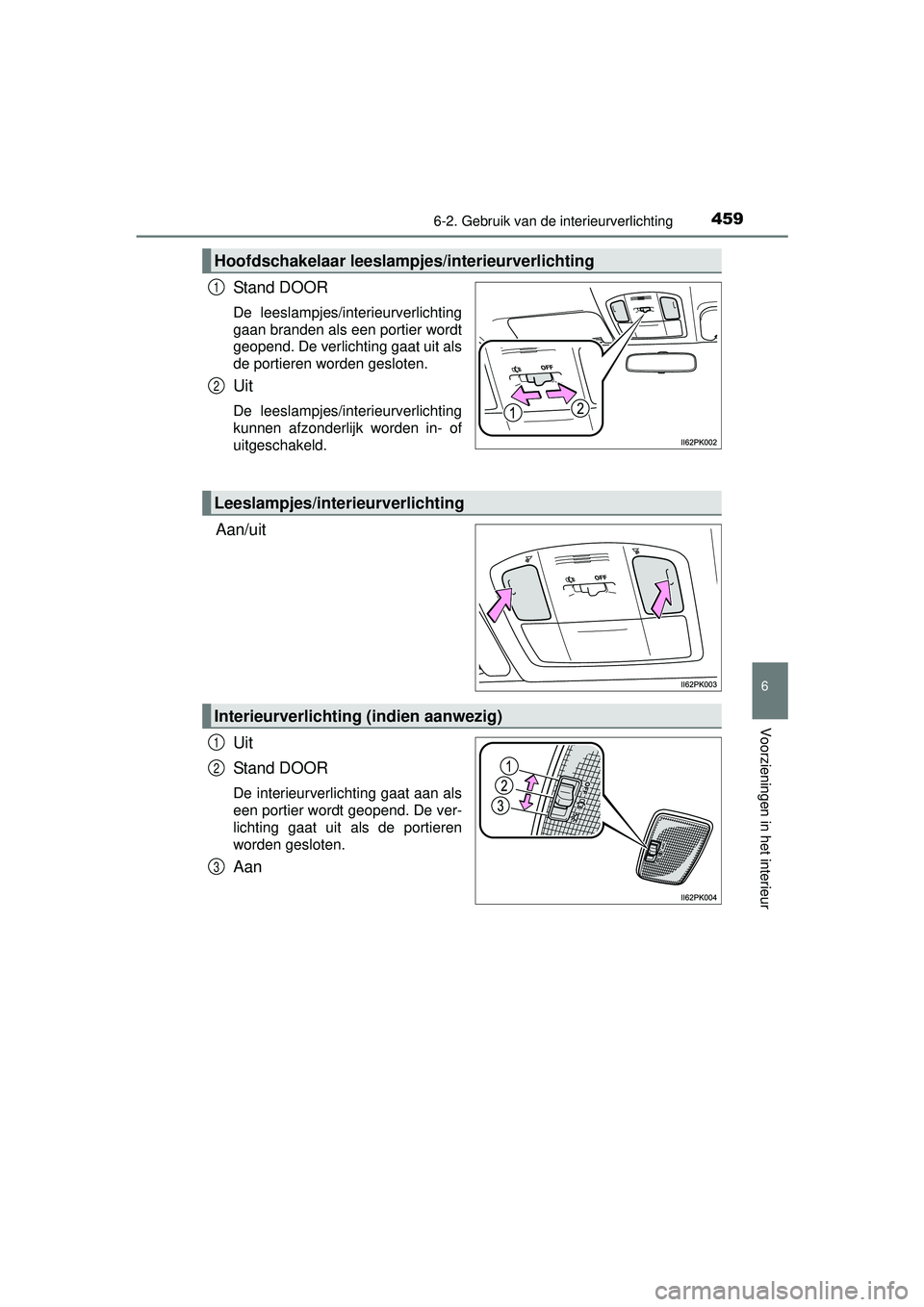 TOYOTA HILUX 2016  Instructieboekje (in Dutch) 4596-2. Gebruik van de interieurverlichting
HILUX_OM_OM0K269E_(EE)
6
Voorzieningen in het interieur
Stand DOOR
De leeslampjes/interieurverlichting
gaan branden als een portier wordt
geopend. De verlic