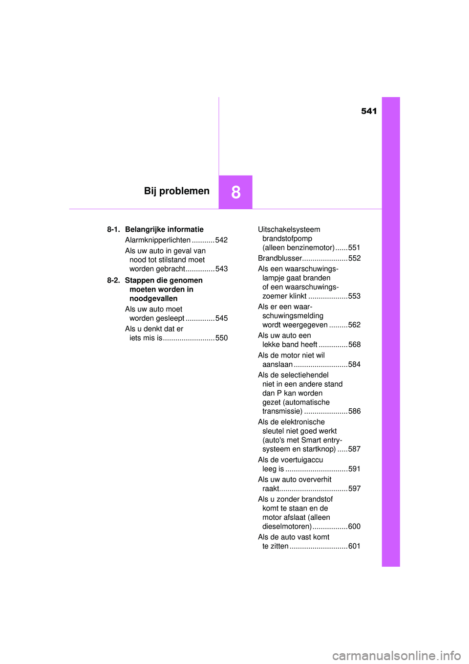 TOYOTA HILUX 2016 Instructieboekje (in Dutch) 541
8Bij problemen
HILUX_OM_OM0K269E_(EE)8-1. Belangrijke informatie
Alarmknipperlichten ........... 542
Als uw auto in geval van nood tot stilstand moet
worden gebracht .............. 543
8-2. Stapp TOYOTA HILUX 2016 Instructieboekje (in Dutch) 541
8Bij problemen
HILUX_OM_OM0K269E_(EE)8-1. Belangrijke informatie
Alarmknipperlichten ........... 542
Als uw auto in geval van nood tot stilstand moet
worden gebracht .............. 543
8-2. Stapp