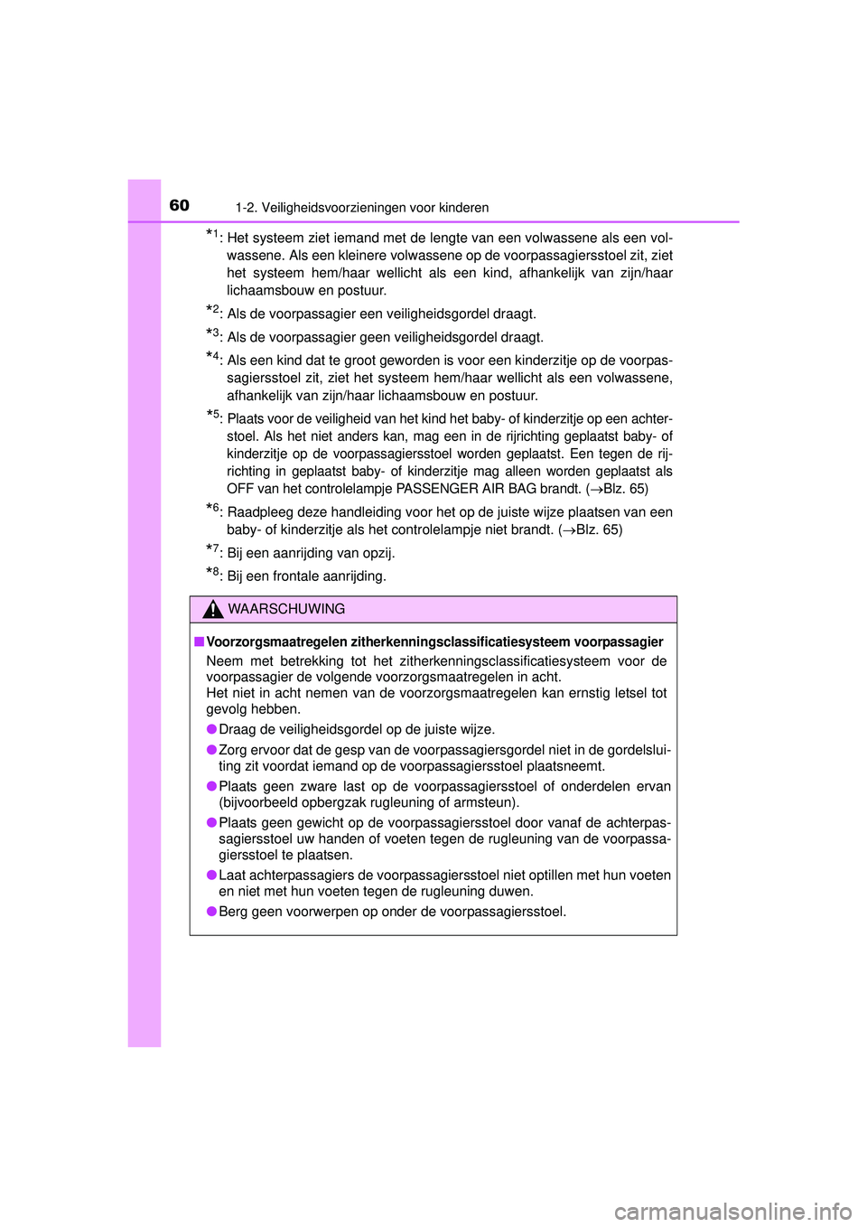 TOYOTA HILUX 2016 Instructieboekje (in Dutch) 601-2. Veiligheidsvoorzieningen voor kinderen
HILUX_OM_OM0K269E_(EE)
*1: Het systeem ziet iemand met de lengte van een volwassene als een vol-wassene. Als een kleinere volwassene op de voorpassagierss TOYOTA HILUX 2016 Instructieboekje (in Dutch) 601-2. Veiligheidsvoorzieningen voor kinderen
HILUX_OM_OM0K269E_(EE)
*1: Het systeem ziet iemand met de lengte van een volwassene als een vol-wassene. Als een kleinere volwassene op de voorpassagierss